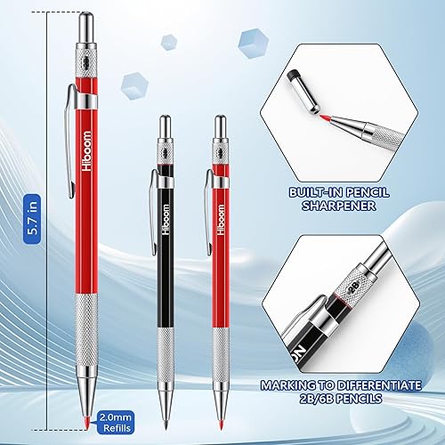 Miniatura 4 de Hiboom Juego de 10 lápices mecánicos de carpintero, lápices de construcción con 36 repuestos, punzón central automático y herramienta de escritura