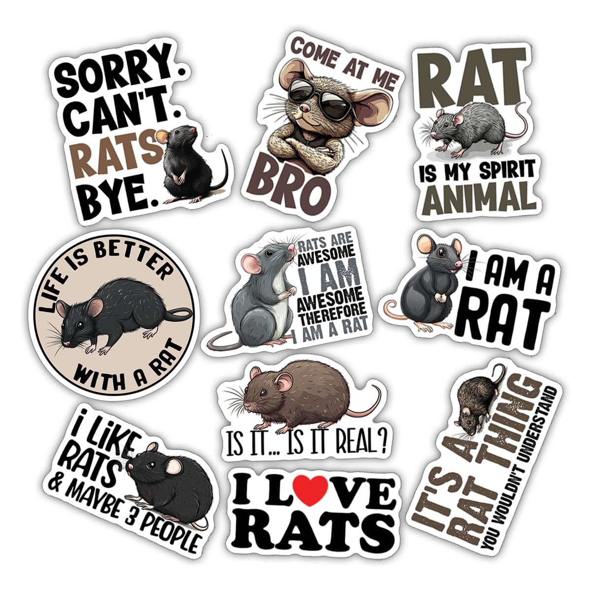10pcs Rat Sticker Sheet, Cute and Funny Pet Rat Vinyl Decals for Rat Moms, Rodent Animal Lovers, Waterproof, UV-Resistant, for Laptop, Water Bottle,