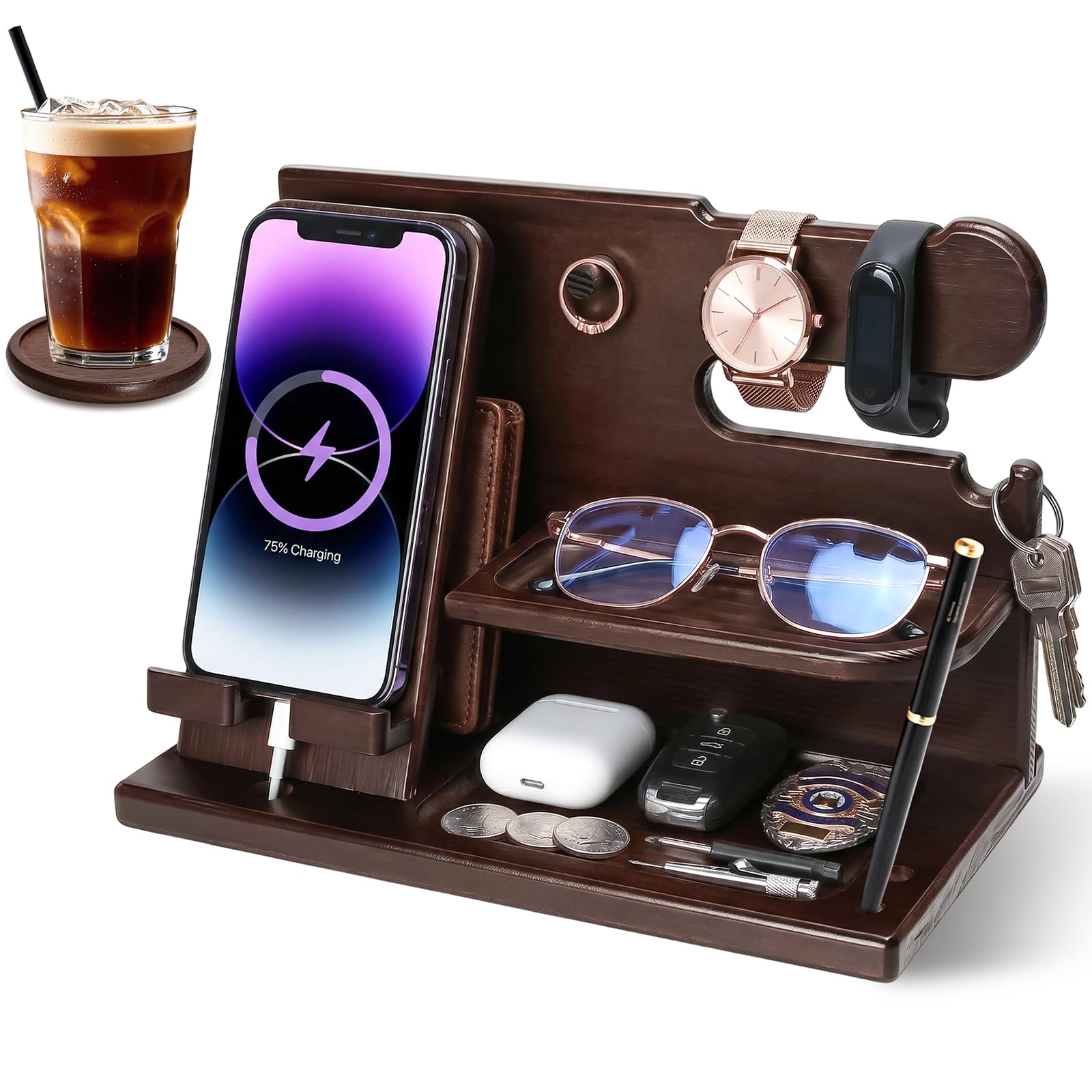 FALSKT Bedside Organiser Gifts for Men Wood Phone Docking Station Bedside Table Organiser with Coaster Nightstand Key Wallet Watch Stand Birthday Gifts for Him Fathers Day Boyfriend Husband Dad