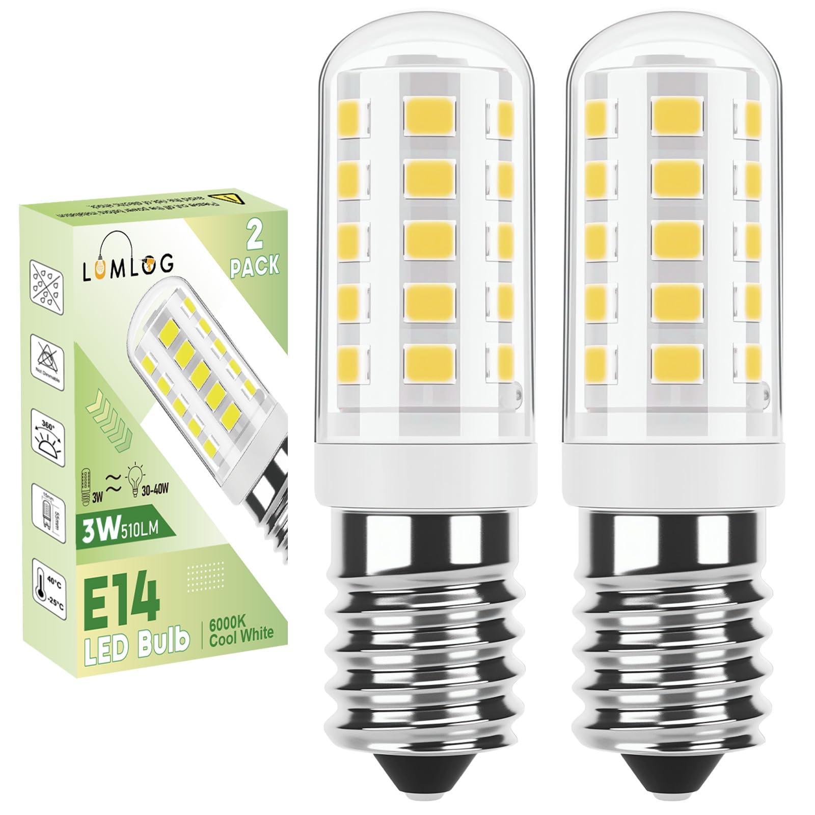 Lumlog E14 Led Light Bulbs Cool White, 3W 510Lm 6000K Cooker Hood Bulb, Equivalent to 30-40W Halogen, 220-240V No Flicker Non-Dimmable Energy Saving, for Home Lighting 2-Pack [Energy Class C]