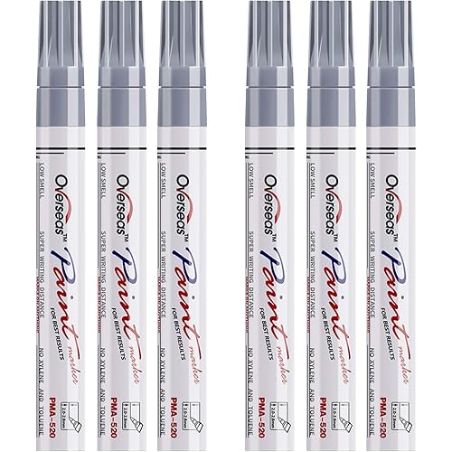 Overseas Metallic Silver Paint Markers Pens - Single color 6 Pack Permanent Oil Based Paint Pen, Medium Tip, Quick Dry and Waterproof Marker for Rock, Wood, Metal, Plastic, Canvas, Glass, Mugs, Rubber