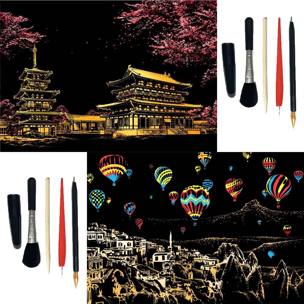 Hue Board Scratch Art with Tools,Hueboard Art Scratch,Scratch Colorful City Series for Teens & Adults,Scratch Night View,Scratch Painting Art Drawing Picture,for Gifts (7+8)