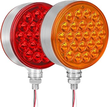 2Pcs Round Double Face Red/Amber 48 LED Double Face Turn Signal Light, Tractor Lights Post Mount, Dual-face Led Marker Trailer Lights for Trucks RV Brake Running Turning
