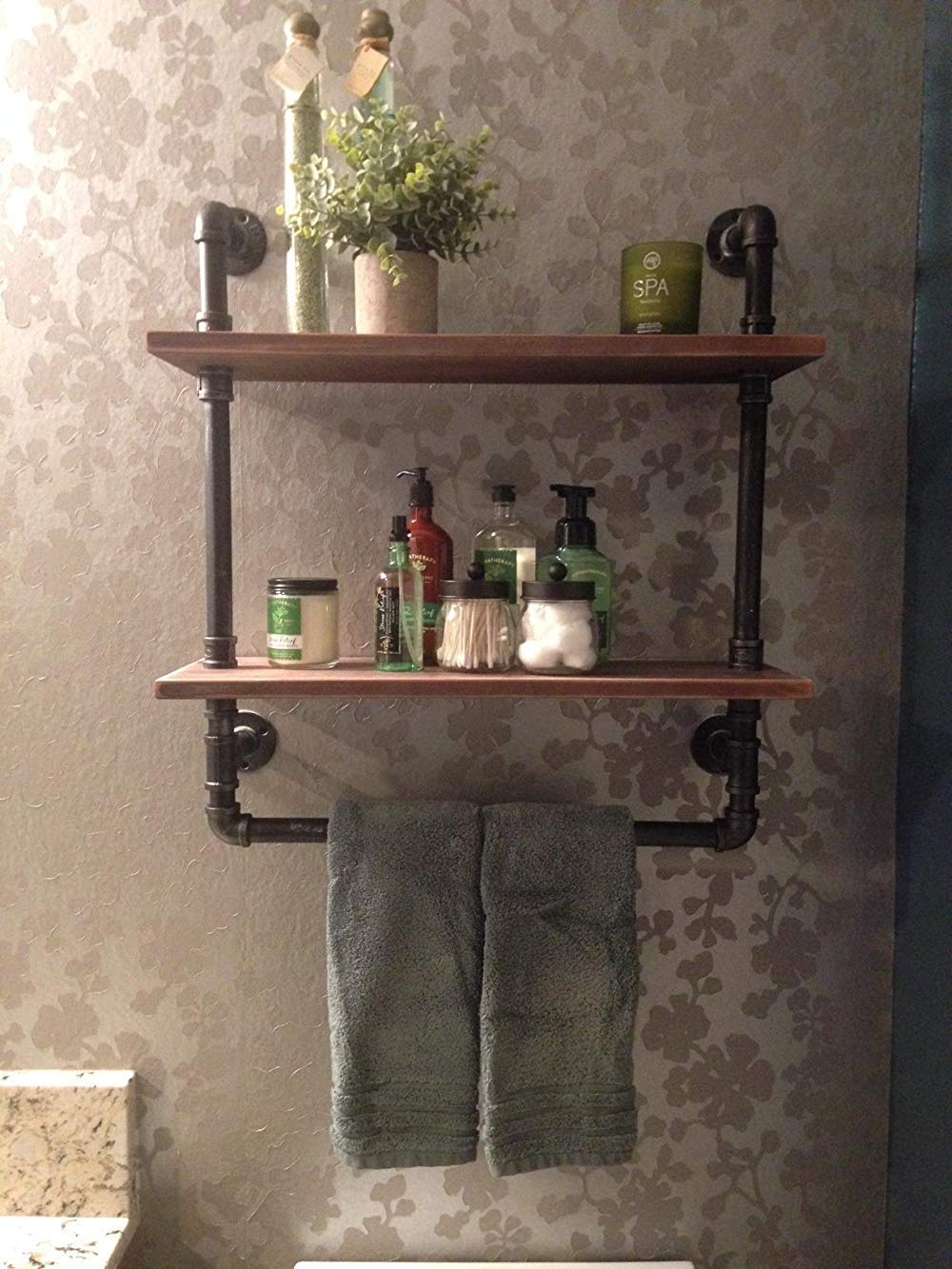 JIANZHUO Industrial Wood Bathroom Shelf Over Toilet with Towel Bar,Rustic Bathroom Shelves Floating Shelves 2 Tier,24in Pipe Shelves Pipe Shelf Towel Racks Wall Mounted,Farmhouse Pipe Shelving