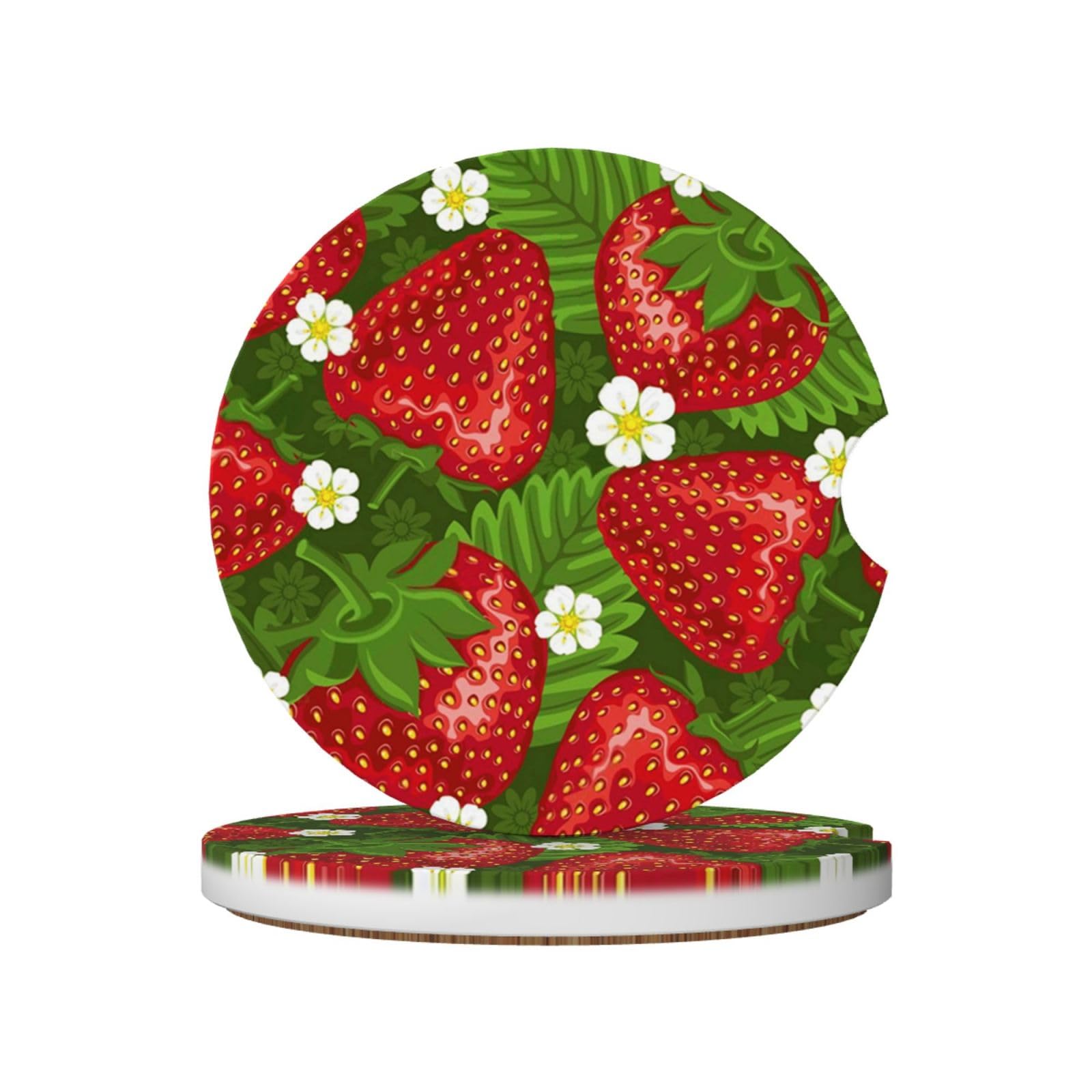 Strawberry And Flower, Car Cup Holder Coasters 2 Pack, Absorbent Ceramic Car Coasters with Non Slip Cork Base