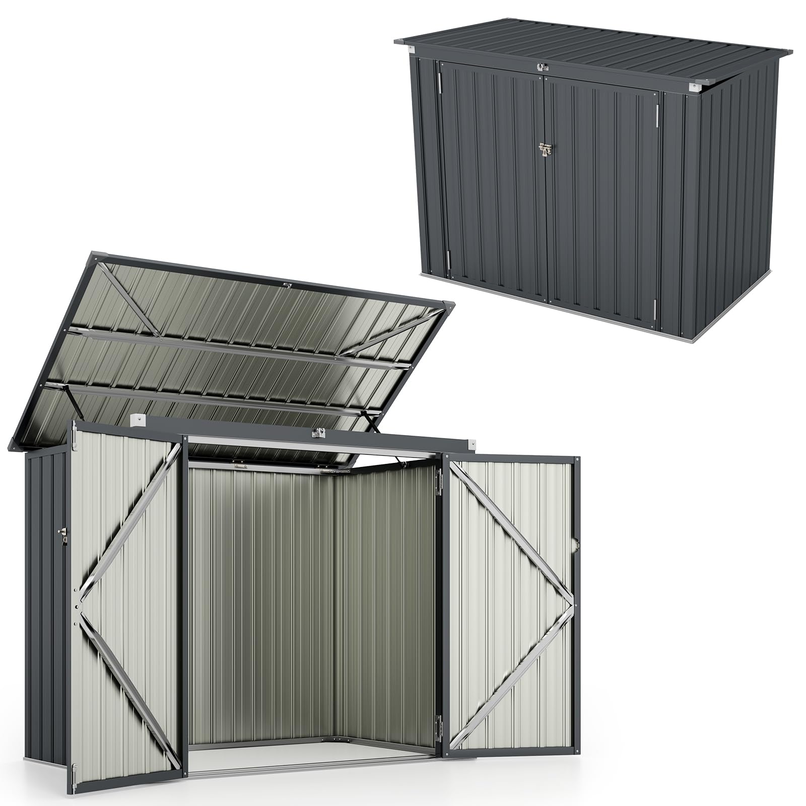 HOMASIS Mülltonnenbox für 2 Mülltonnen, 1,5 m² Gerätehaus Metall, wetterfest Geräteschuppen mit Doppeltür & Klappdeckel, abschließbar Gartenbox Müllbox dunkelgrau, inkl. 2 Handschuhen, 172x101x130cm