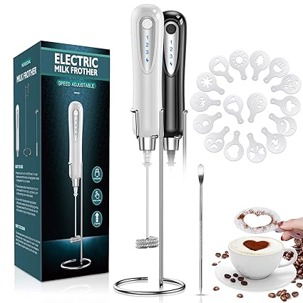ZEBRE Electric Milk Frother, Handheld Rechargeable 3 Speed Foam Maker Blender Mixer with Durable Stainless Stand for Coffee, Latte, Cappuccino, Hot Chocolate, White