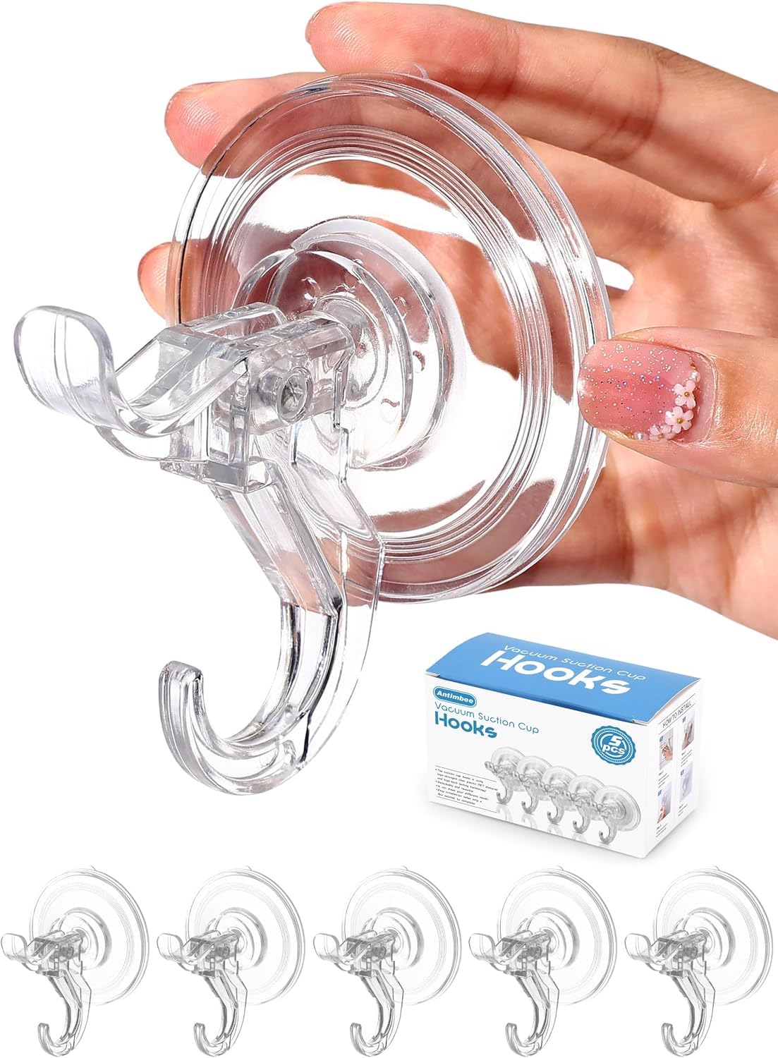 Antimbee Haken mit Saugnapf, 5er-Pack Dusch-Saugnapfhaken, abnehmbare kleine Saugnäpfe für Dusche, Badezimmer, Glas, Tür, Küche, hält bis zu 5 kg auf glatten Oberflächen, transparentes 2-Haken-Design