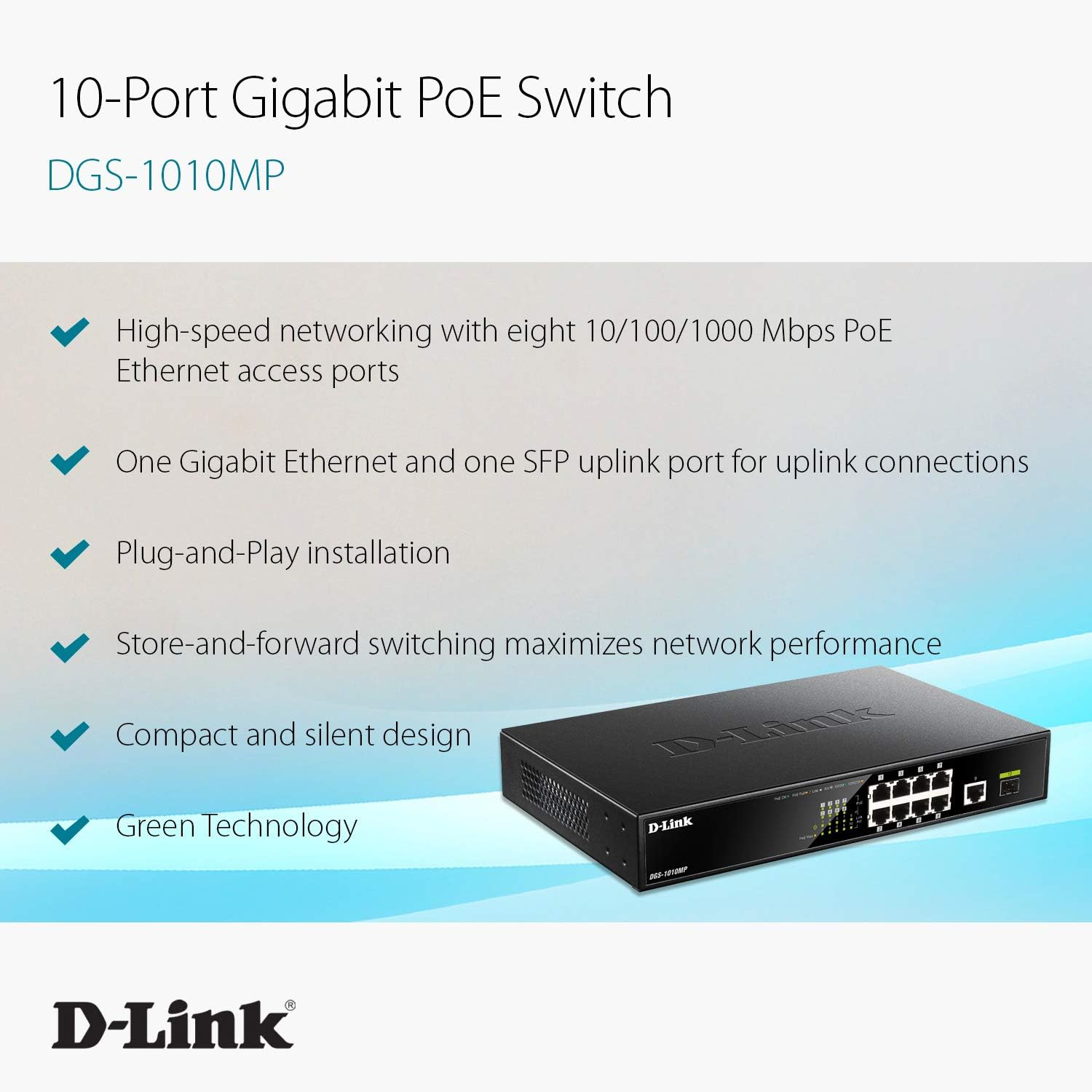 Limited Discount D-Link PoE Switch, 8 10 Port Unmanaged w/ 1 Gigabit Ethernet Port & 1 SFP Uplink Port, 125W PoE Budget Fanless Rackmount Plug N Play (DGS-1010MP), Black