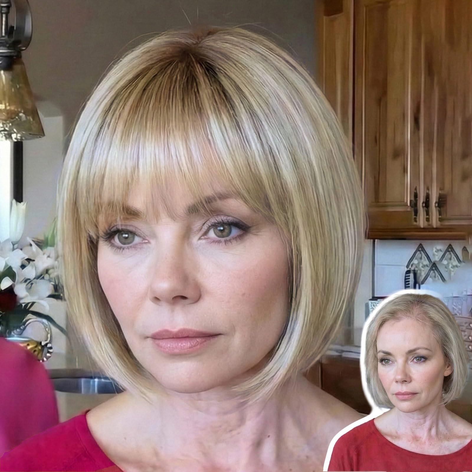 Amazon.com: WIGYY Honey Light Blonde Bob Wig with Bangs for  display picture 1
