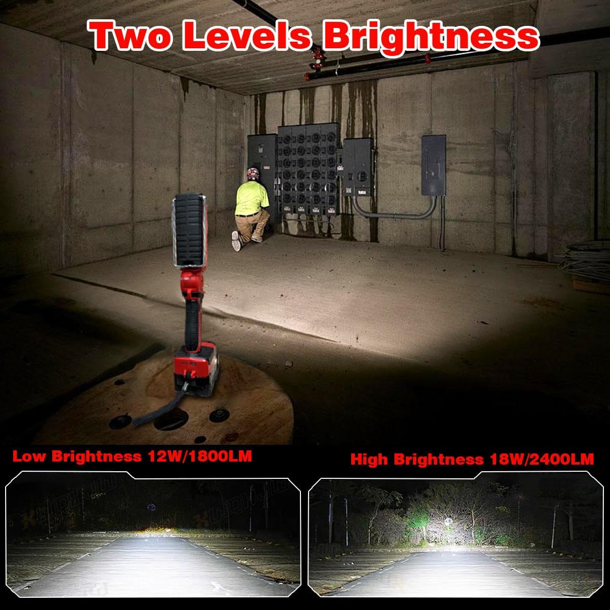 Cordless LED Work Light Compatible with Milwaukee M18 Battery, 18W 6500K Flashlight Adjustable Head, with Low Voltage Protection, USB & Type-C Charging Port, for Garage, Camping(Not Battery)