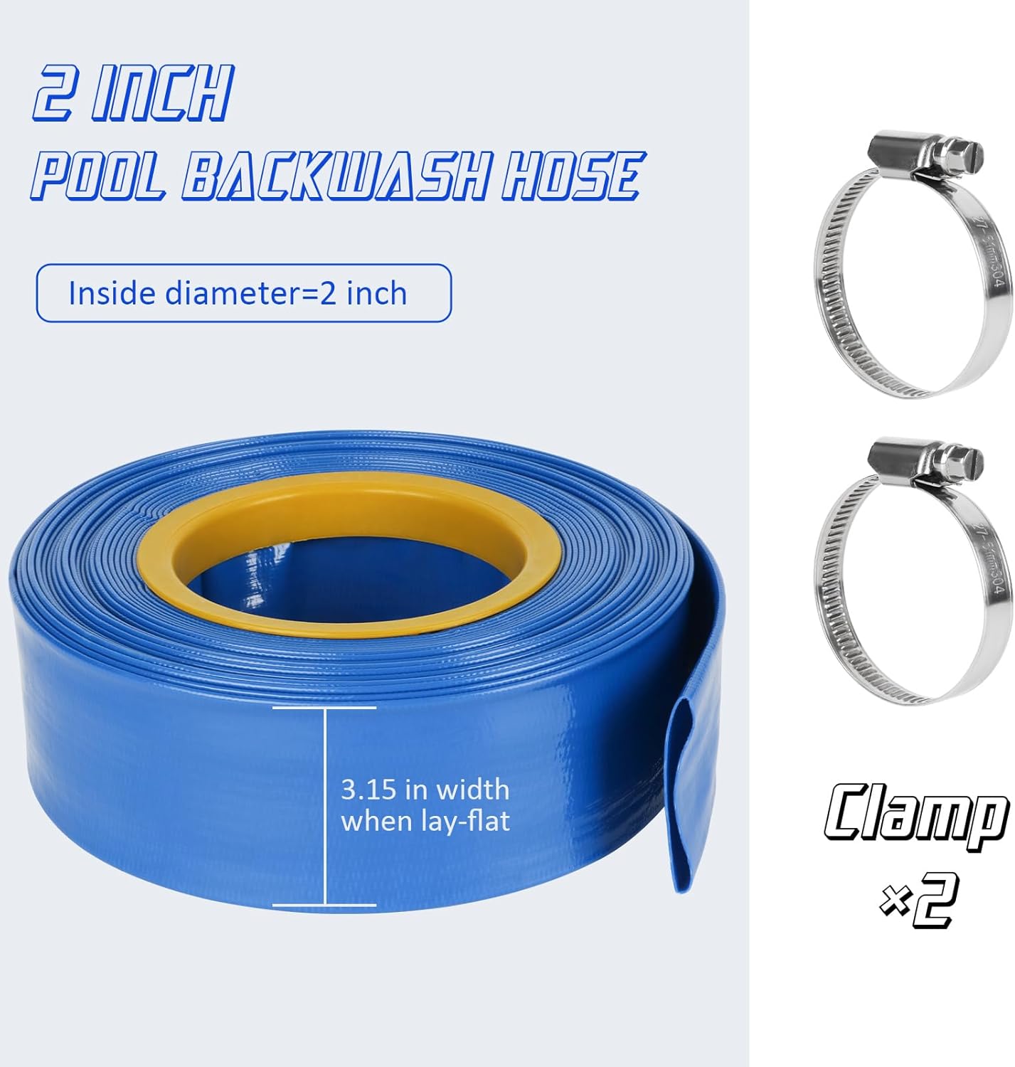 Pool Backwash Hose 2 IN x 100 FT Blue Pool Pipes with Two Stainless Steel Clamps for Swimming Pool, Garden, Water Transfer