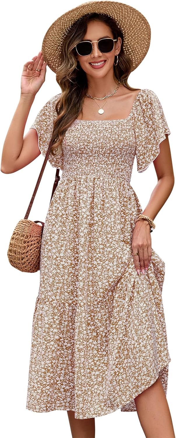 Summer Casual Floral Dresses for Women Beach Vacation Midi Sundresses Short Sleeve Square Neck Boho Flowy Smocked Dress