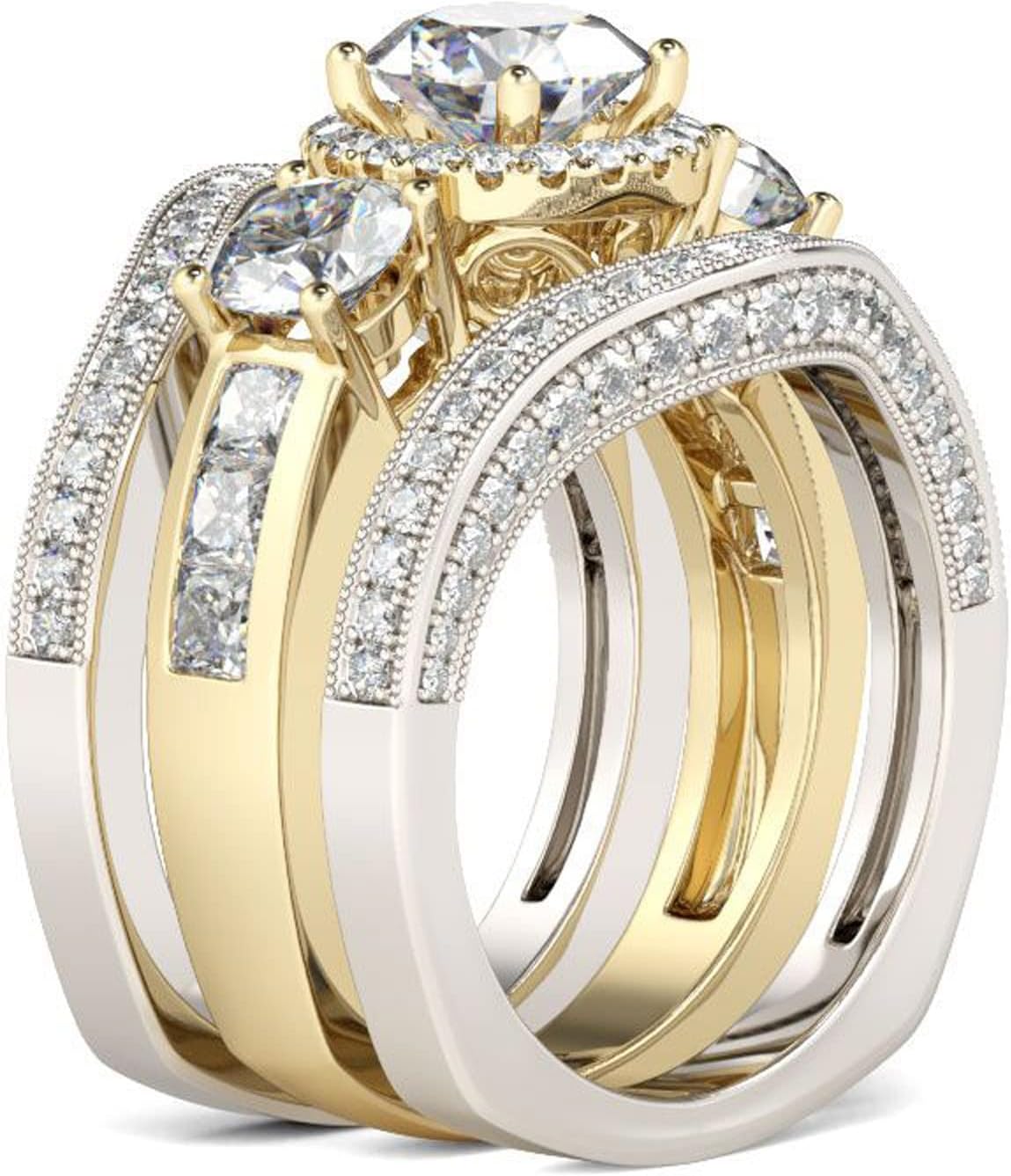 Jeulia Three Side Pave Wedding Ring:Sterling Silver Eternity Halo Enhancer Round Cut Bridal Set Gold Anniversary Promise Valentine's Band with Jewelry Gift Box