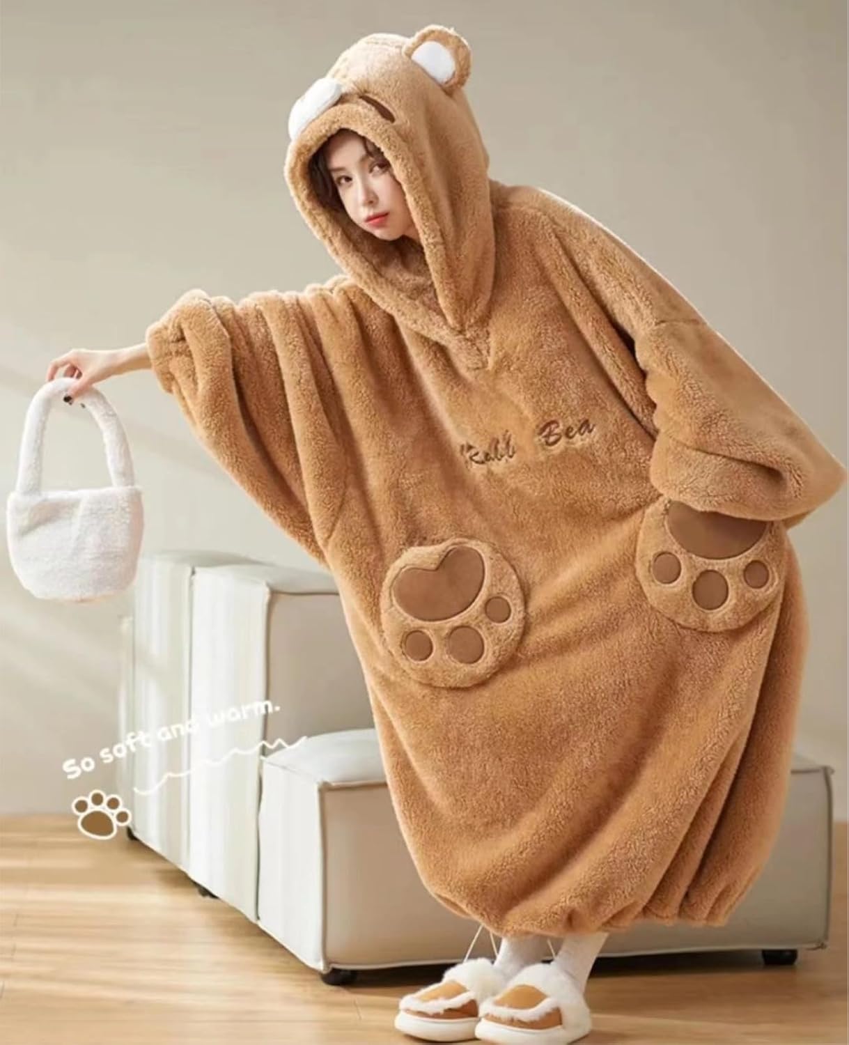 Unisex Adult Oversized Plush Bear Print Robe Cute Animal Hooded Sleepwear Long Sleeve Loungewear
