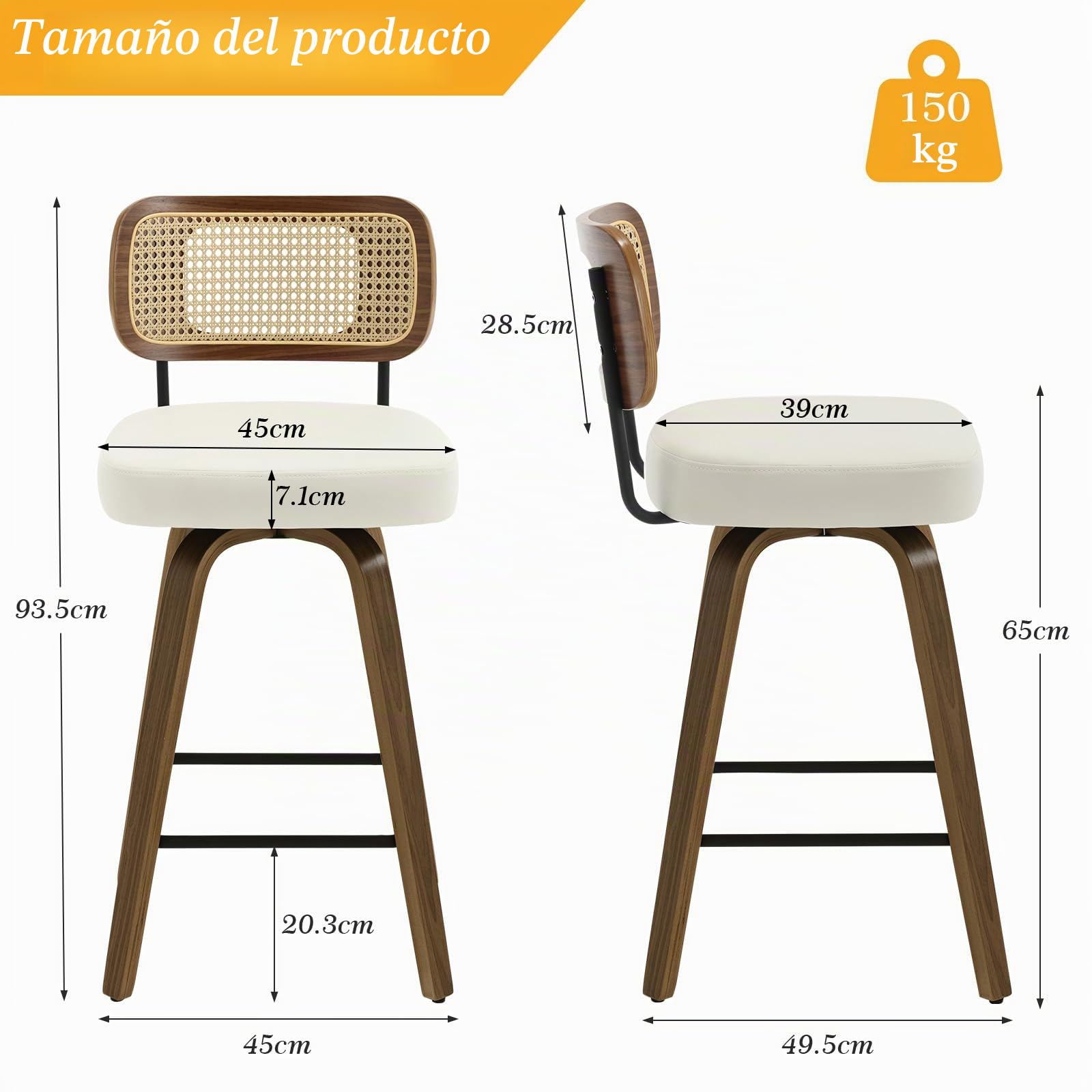 Bekrvio Juego de 2 taburetes giratorios de bar, altura de asiento 65 cm, con respaldo, tapizados en cuero PU y patas de madera de nogal, taburete de mostrador de estilo mid-century con reposapiés de