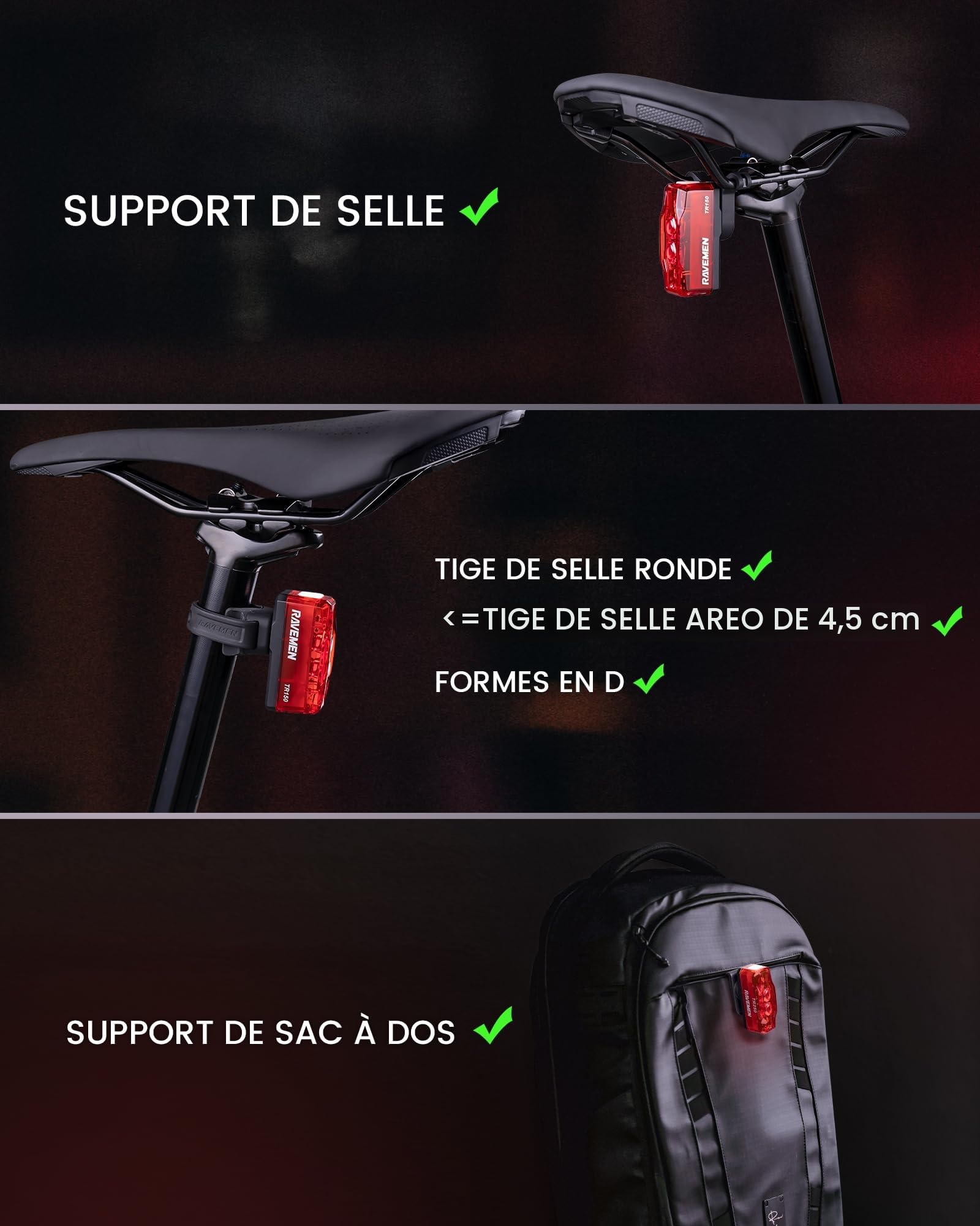 RAVEMEN Éclairage Arrière Vélo USB-C Rechargeable IPX6 6 Modes Visibilité 280°
