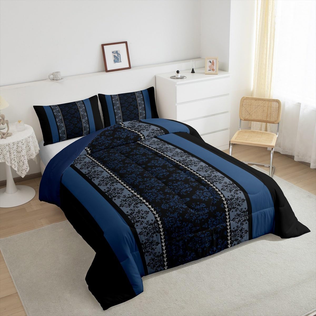 jejeloiu Adult Classic Jacquard Bedding Set Queen Size Damask Pattern Comforter Set for Boys Girls Black Blue Stripe Duvet Set Baroque Quilt Set 3Pcs