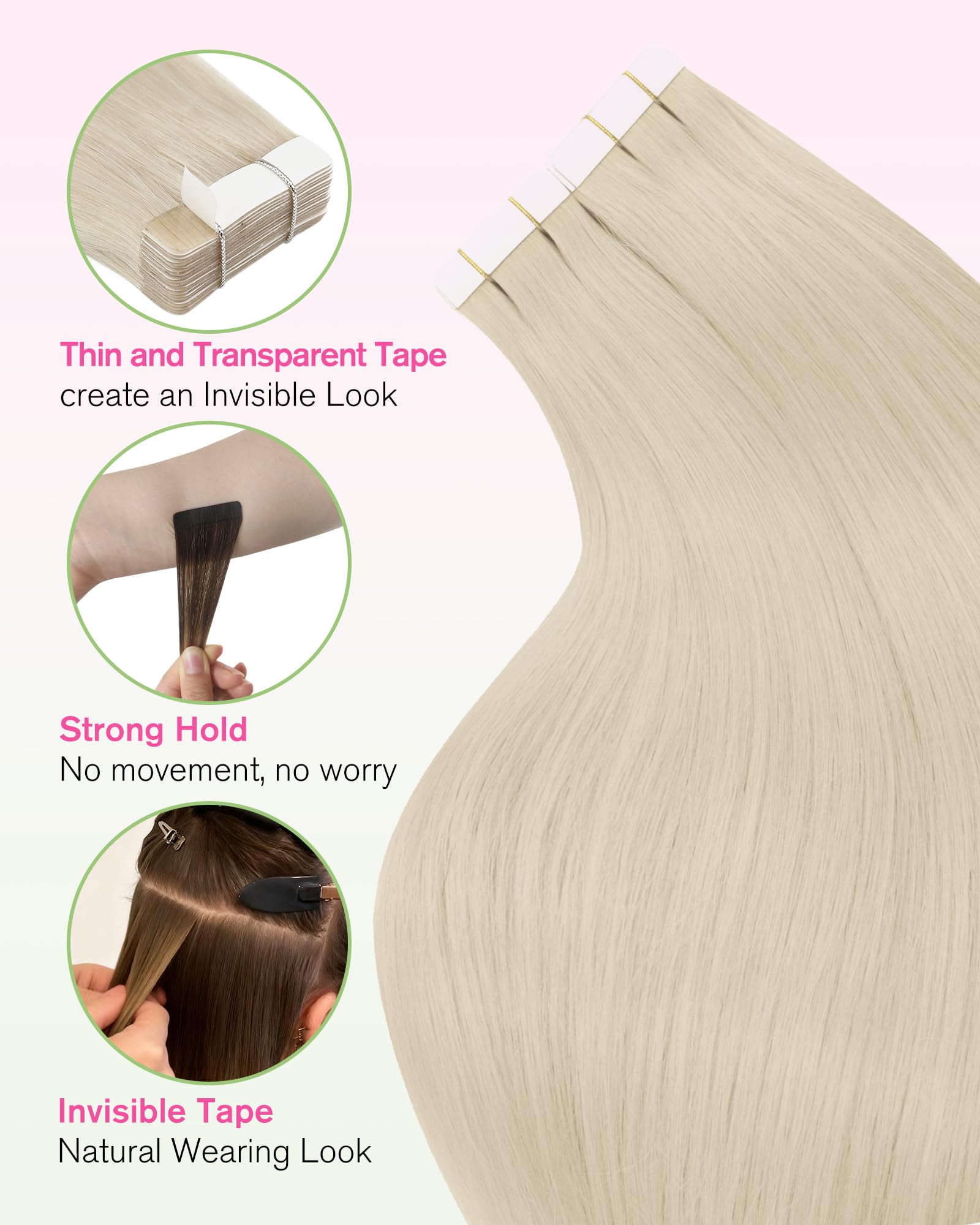 YoungSee Tape Hair Extensions Platinum Blonde 16In Tape in Hair Extensions Real Human Hair for Women 20pcs 50g Easy to Wear Hair Tape-in Extensions Blonde - 5