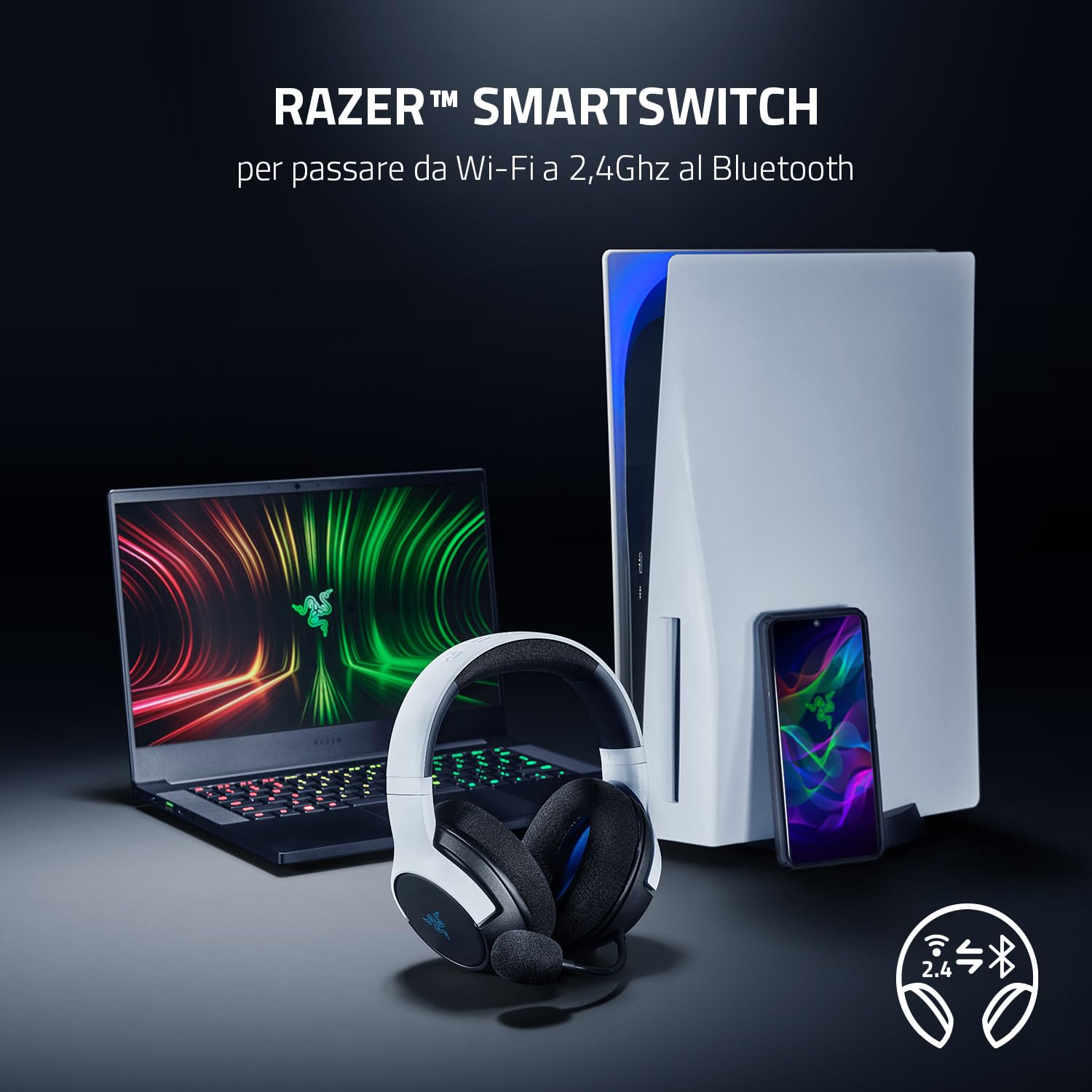 Razer Kaira per Playstation - Doppia Cuffia Wireless per PlayStation 5 - Driver TriForce da 50mm - Microfono Cardioide HyperClear - SmartSwitch - Schiuma di Memoria FlowKnit, Nero-Bianco