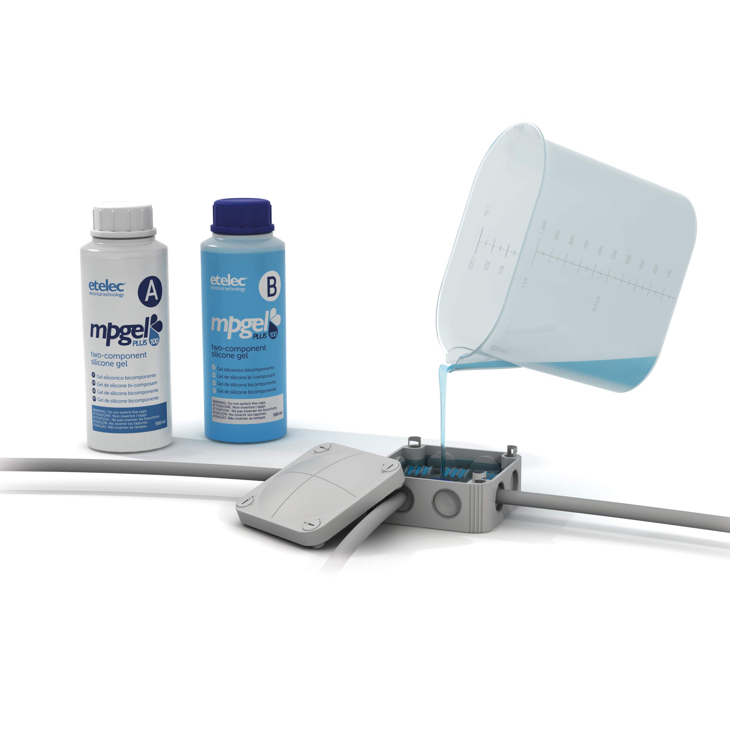 Kit MPGEL 1 Litro, Gel Isolante Siliconico Bicomponente, Riempimenti Sigillature Scatole Cassette Derivazione Fino1 kV, Confezione 2 Flaconi 500 ml + Caraffa
