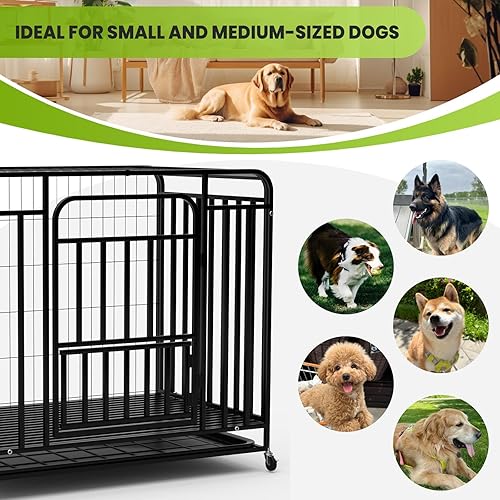 Miniatura 8 de Jaula resistente para perros de 36.4 x 25 x 32.6 pulgadas, material de acero aleado, con 3 puertas, 4 ruedas con cerradura, 1 bandeja extraíble,