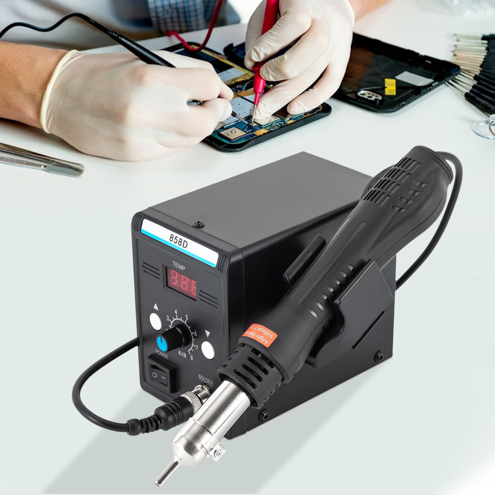 Stazione di rielaborazione ad aria calda 858D con pistola ad aria calda e 3 ugelli, riparazione SMD, precisa e veloce, indicatore LED, compatta per officina e hobby