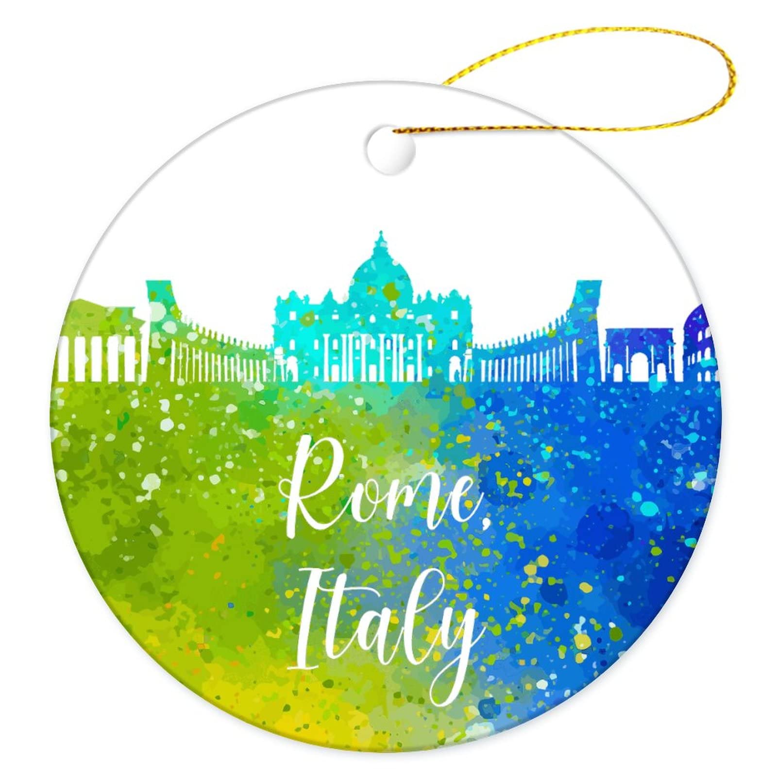 Xujianhuaxuyoubinbaihuodian Light/Gold Christmas Tree Decoration 7.3Cm, Italy-Rome Cityscape Christmas Tree Decorations Multi-Colour Christmas Baubles Double Sided Ceramic Xmas Ornament For Party