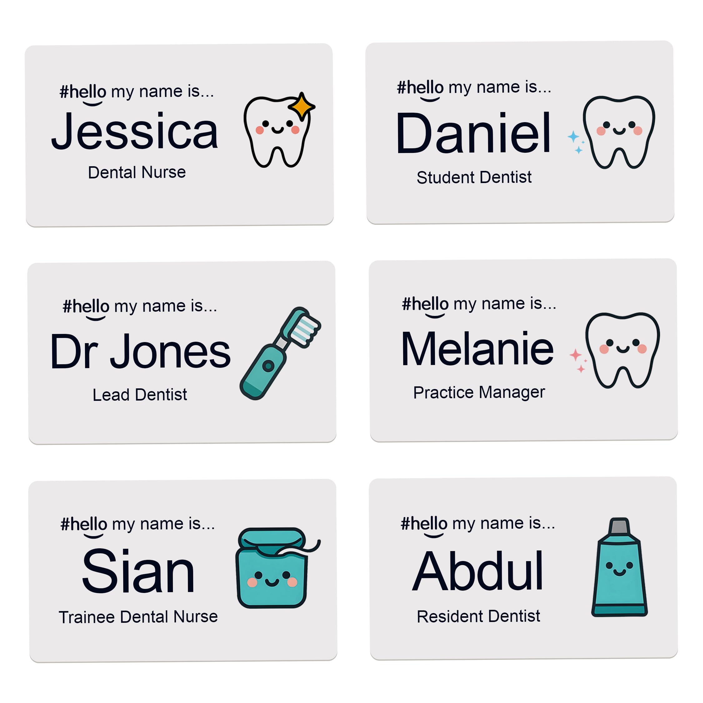 Dentist Name Badge - Personalised Metal Hello My Name is Large Job Title Tag for Dentists, Dental Nurses and Oral Hygienist Staff - 3.4 x 2.1 inch - Gloss White - Pin or Magnetic