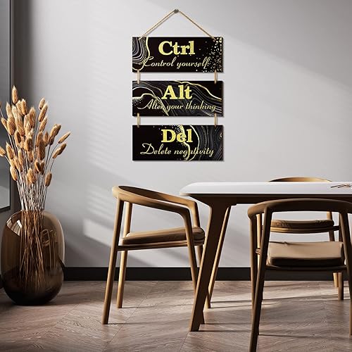 Miniatura 4 de Qunclay Decoración de pared de oficina negra y dorada Ctrl Alt Del inspirador rústico para colgar en la pared, letreros de madera, arte motivacional