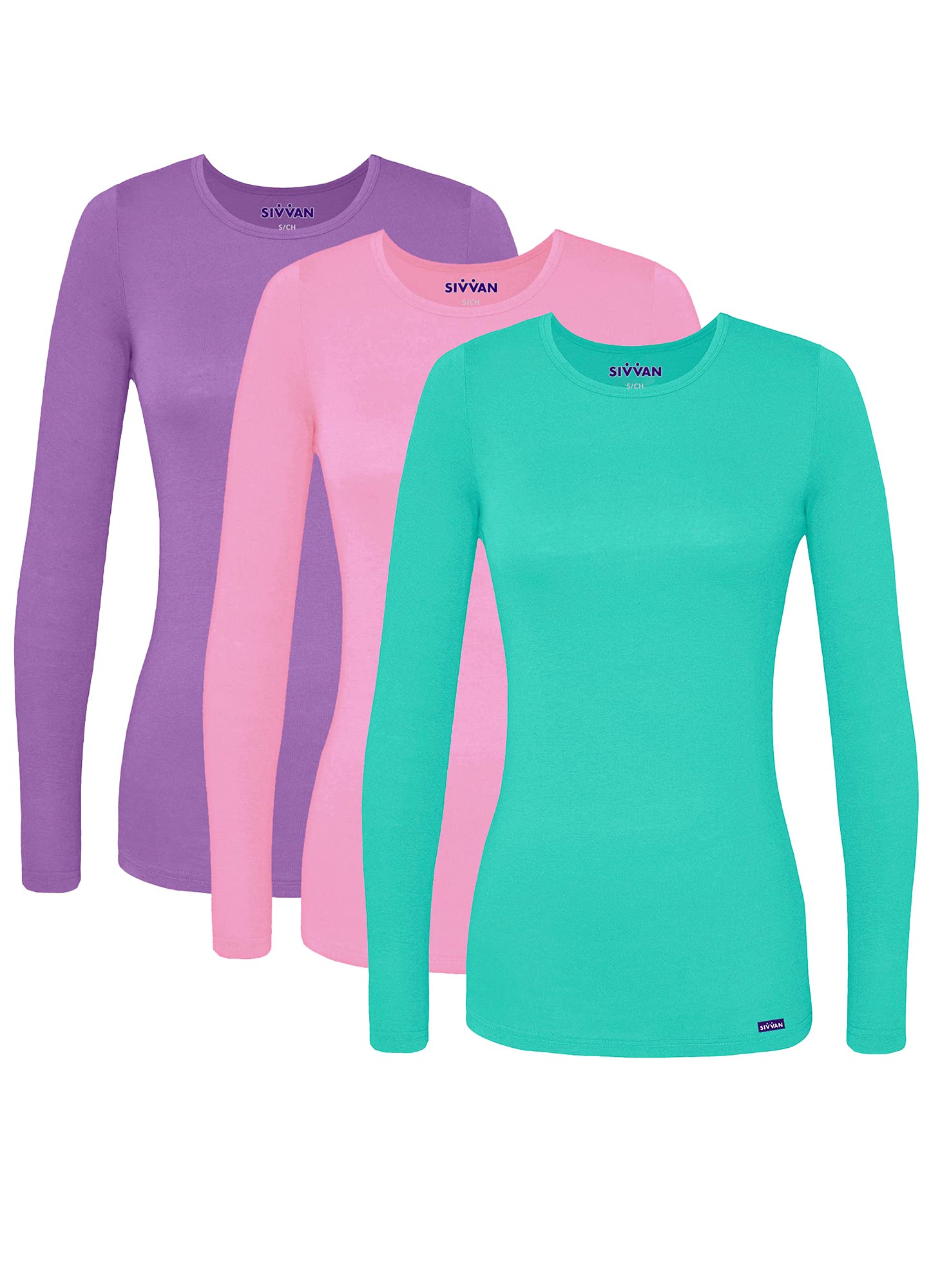 Sivvan Scrubs for Women - Long Sleeve Comfort Underscrub Tee Multicolor 3-Pack