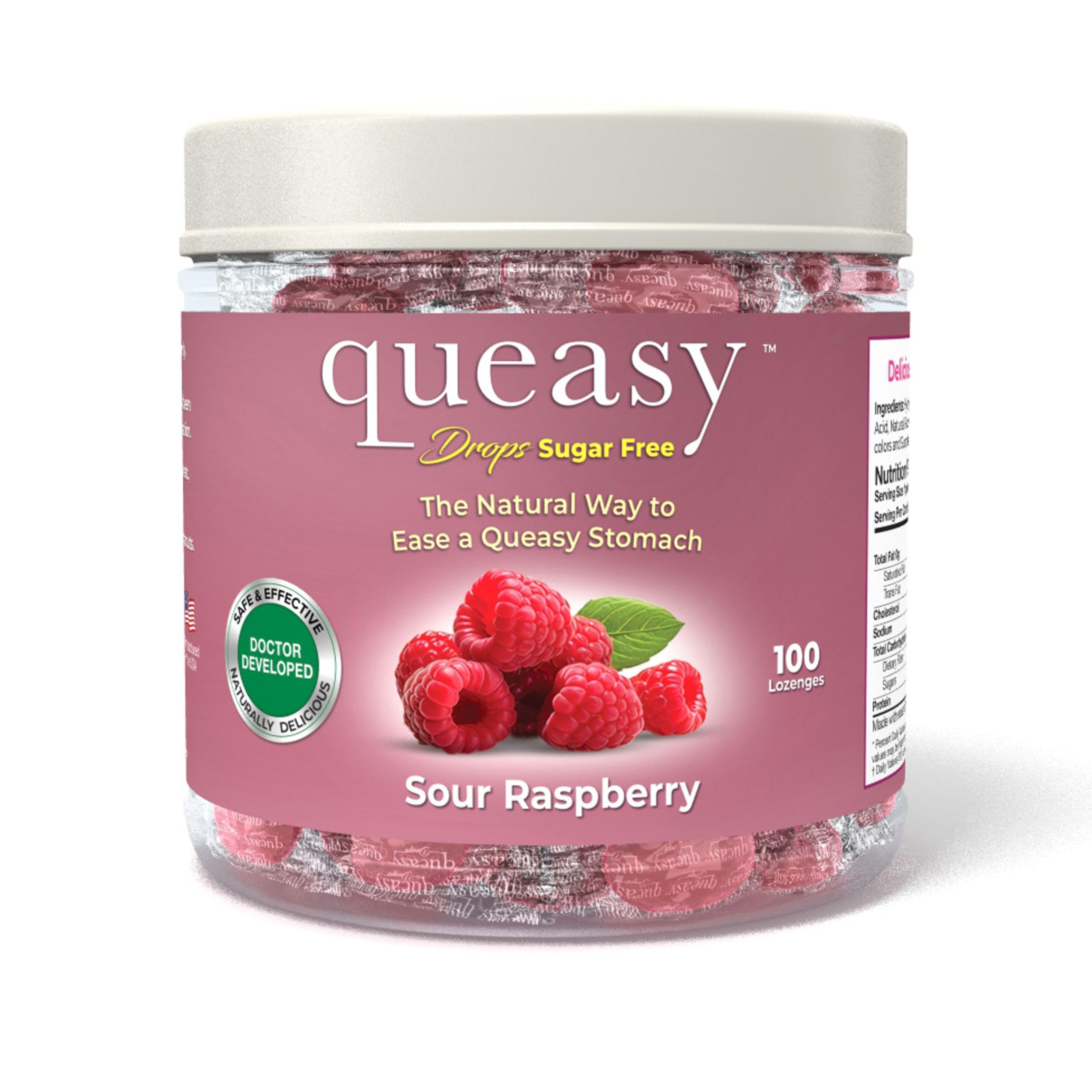 Three Lollies Queasy Drops - Sugar Free Raspberry Flavor - Relief from Chemotherapy Nausea &amp; Travel Sickness - Alleviates a Dry Mouth - Non-Drowsy - Natural Ingredients - 100 Ct