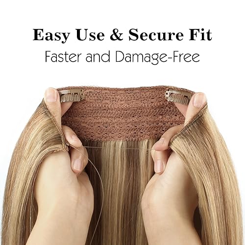 Miniatura 5 de Sassina - Extensiones invisibles de cabello humano real para mujer, con hilo de nailon transparente, color castaño con reflejos rubios morenos