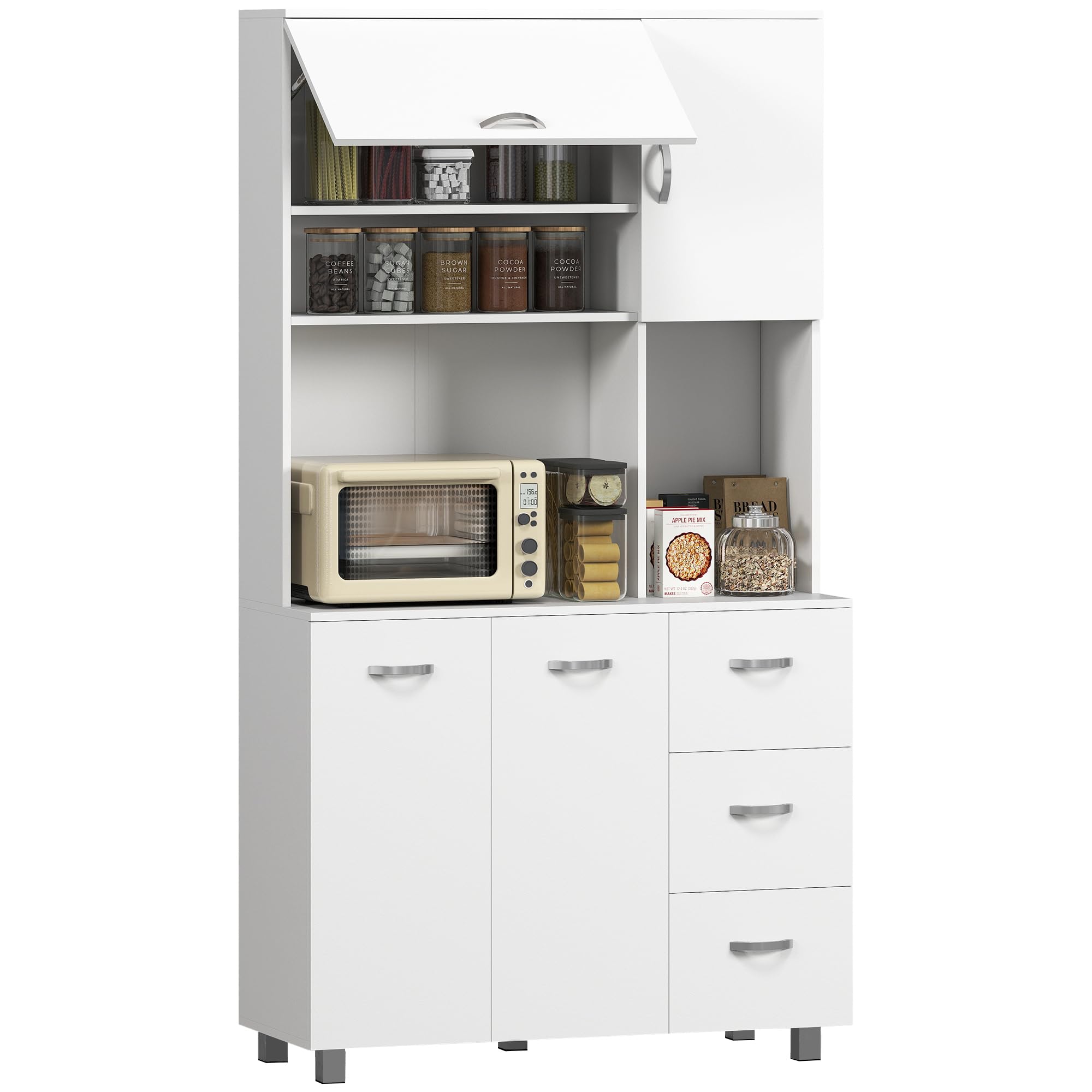 HOMCOM Credenza Alta Moderna con Cassetti e Armadietti, Mobile Cucina per Microonde con Ripiani Aperti, 100x39.5x183.5cm, Bianco