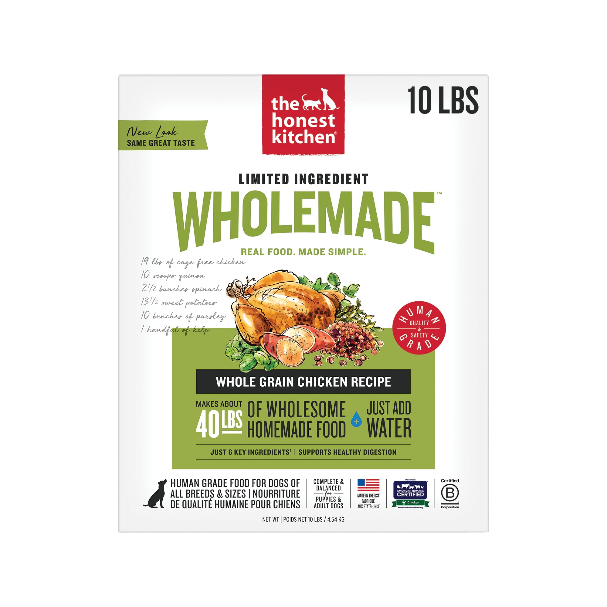 The Honest Kitchen Human Grade Wholemade™ Dehydrated Dog Food, Limited Ingredient Dog Food, Chicken, 10 lb (makes 40lbs)