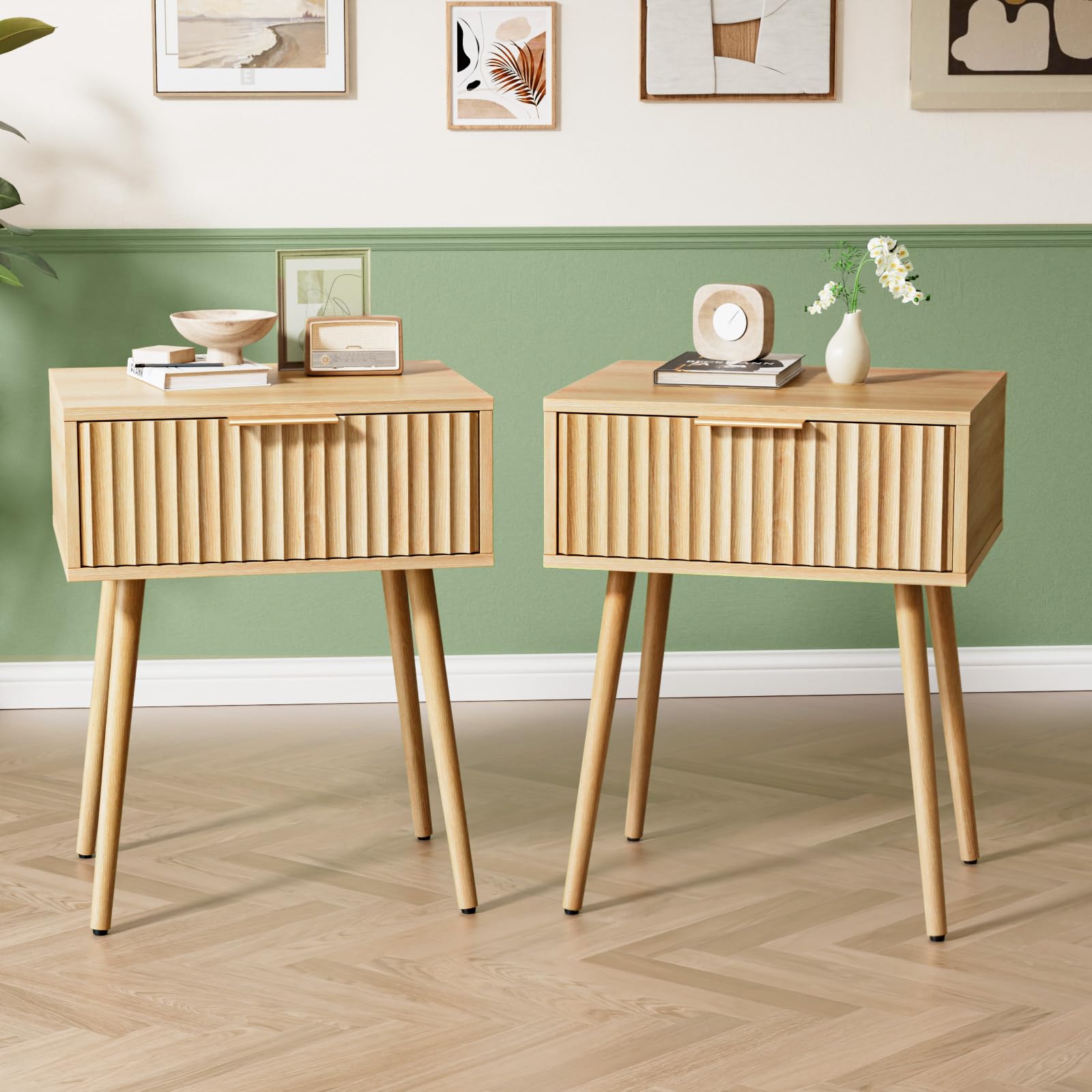 Bonnlo Oak Bedside Table with 1 Drawer, Grille-Style Nightstand Tall Solid Wood Legs Sofa End Table, Modern Bedside Storage Drawers for Bedroom, Living Room, 48 * 38 * 60 cm — image 1