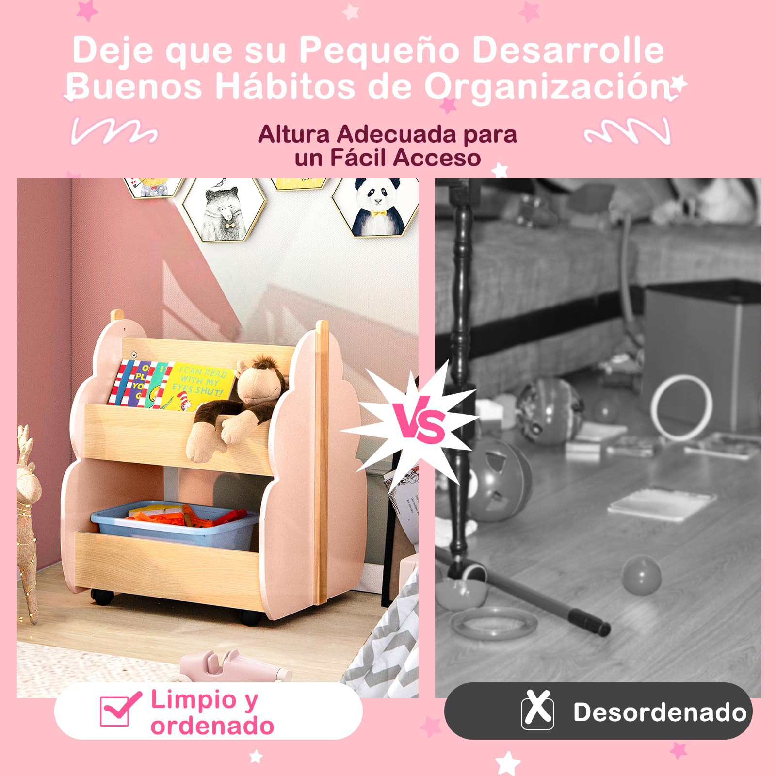 COSTWAY Estantería Infantil de Madera con Ruedas, Librería para Niños de 2 Niveles, Estantería para Juguetes, Multifuncional Organizador de Libros para Salon, Dormitorio de los Niños (Rosa)