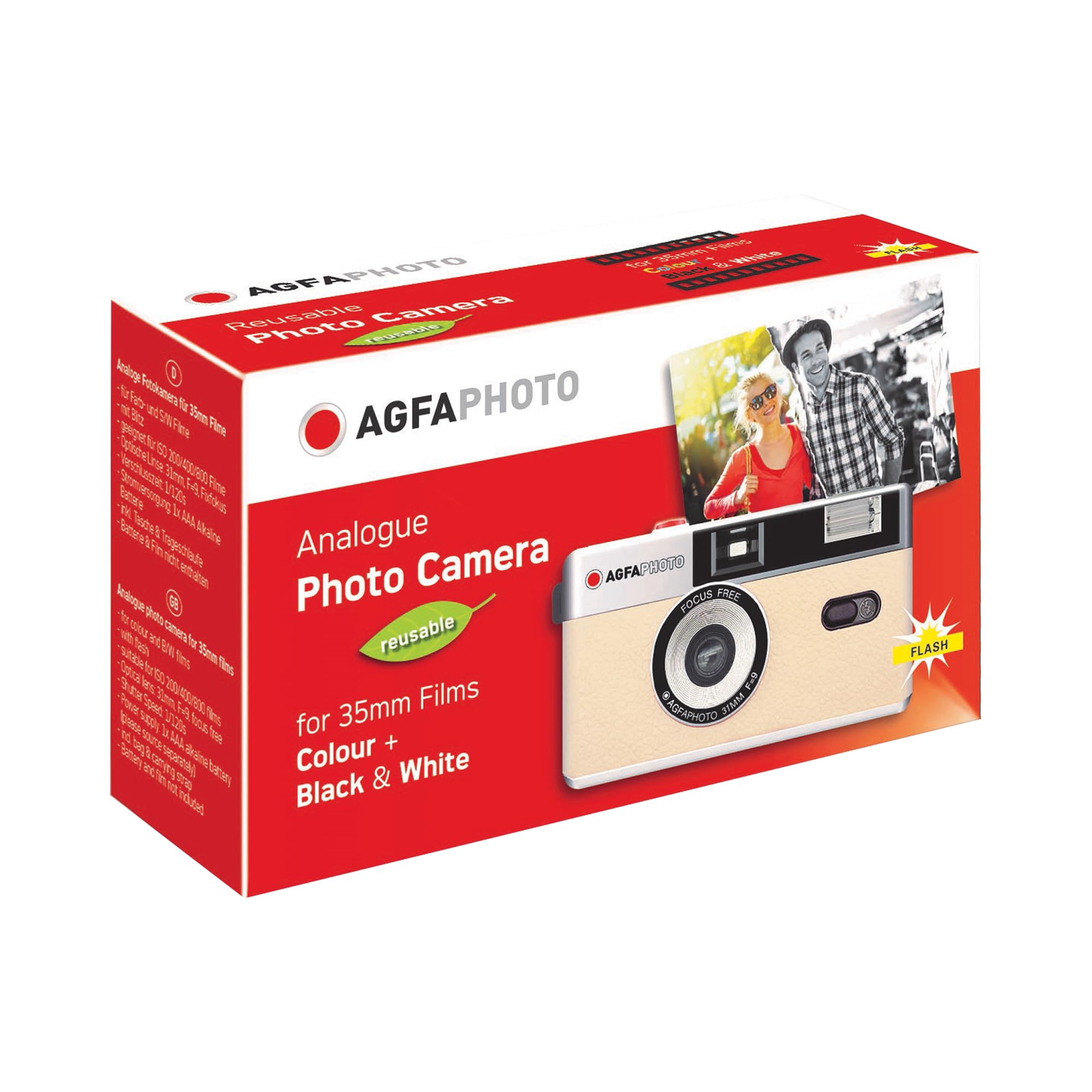 AGFAPHOTO - Appareil Photo Argentique 35mm – Objectif 31 mm F9, Flash Intégré, Mise au Point Fixe, Compatible Pellicules ISO 200/400/800 – Étui et Dragonne Inclus - Beige