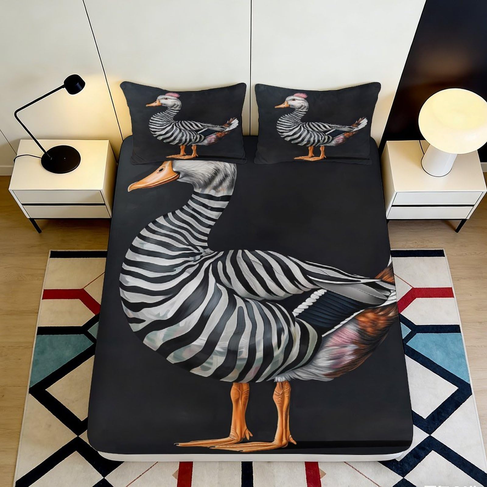 3D Printed Goose Skeleton Fitted Sheet Microfiber Black Bed Cover for Bedroom Dorm Artistic Mattress Protection Decor 90x200x25cm