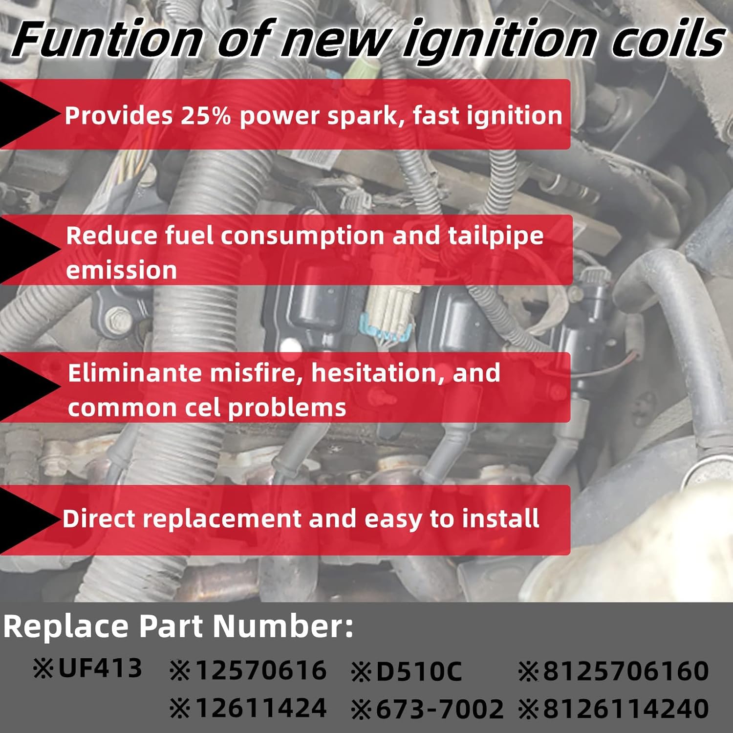 Ignition Coils 8 Packs UF413 For Chevy Camaro Silverado 1500 2500 3500 HD Suburban Tahoe Sierra Yukon XL Denali 2007-2014 5.3L 6.0L 6.2L LS LT LTZ WT 12611424