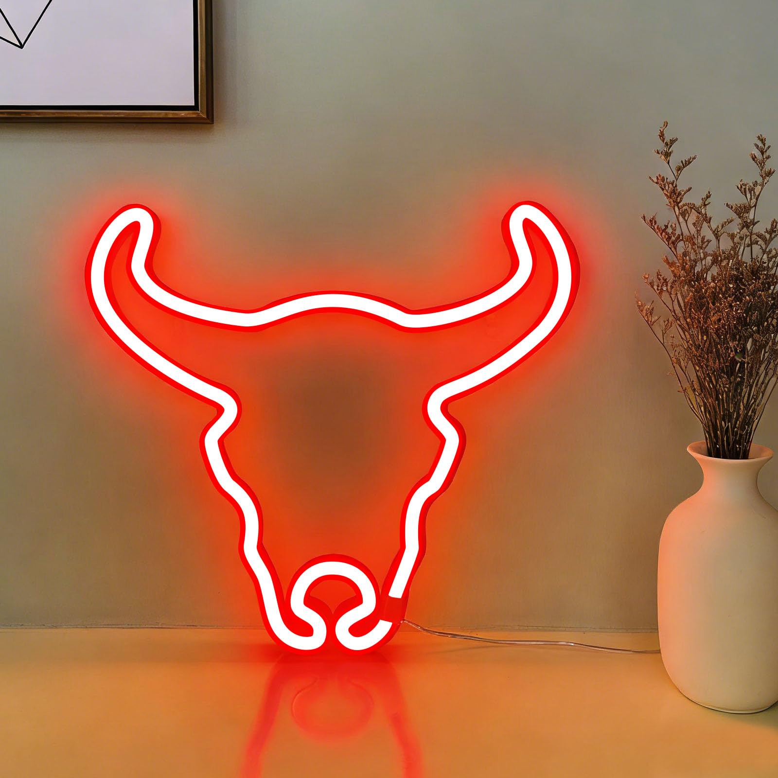 Bull Head Neon Light Red Bull Head LED Night Light Battery and USB Power Supply Eye Catching Neon Sign Suitable for Bars Study Rooms Gyms Theme Cleanup Bars(4.5V 12.01 * 12.2 IN)