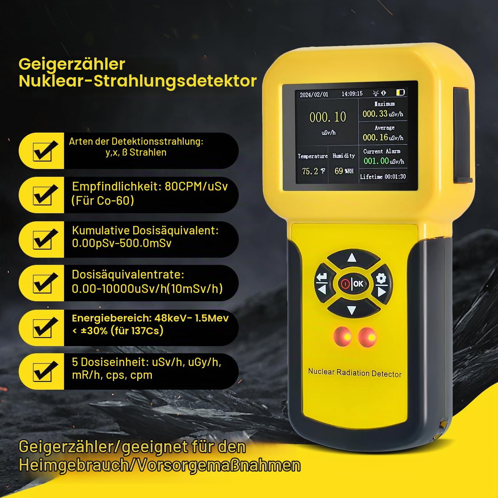 Geigerzähler, Nuklearer Strahlungsdetektor mit LCD-Anzeige Radioaktiver Detektor Erkennt Beta-Gamma-Röntgenstrahlung CPM-Pegel mit Alarm, Wiederaufladbarer Strahlungsmonitor（Gelb）