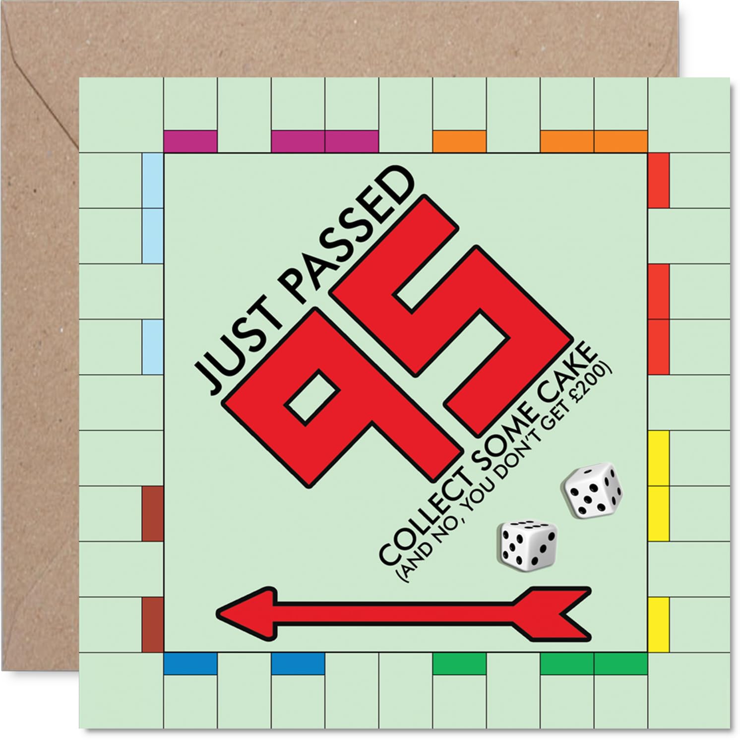 Funny 95th Birthday Card - Levelled Up at 95 - Playful Monopoly Board Twist with Colourful Cake-collecting Fun - 145mm Square, Envelope Included