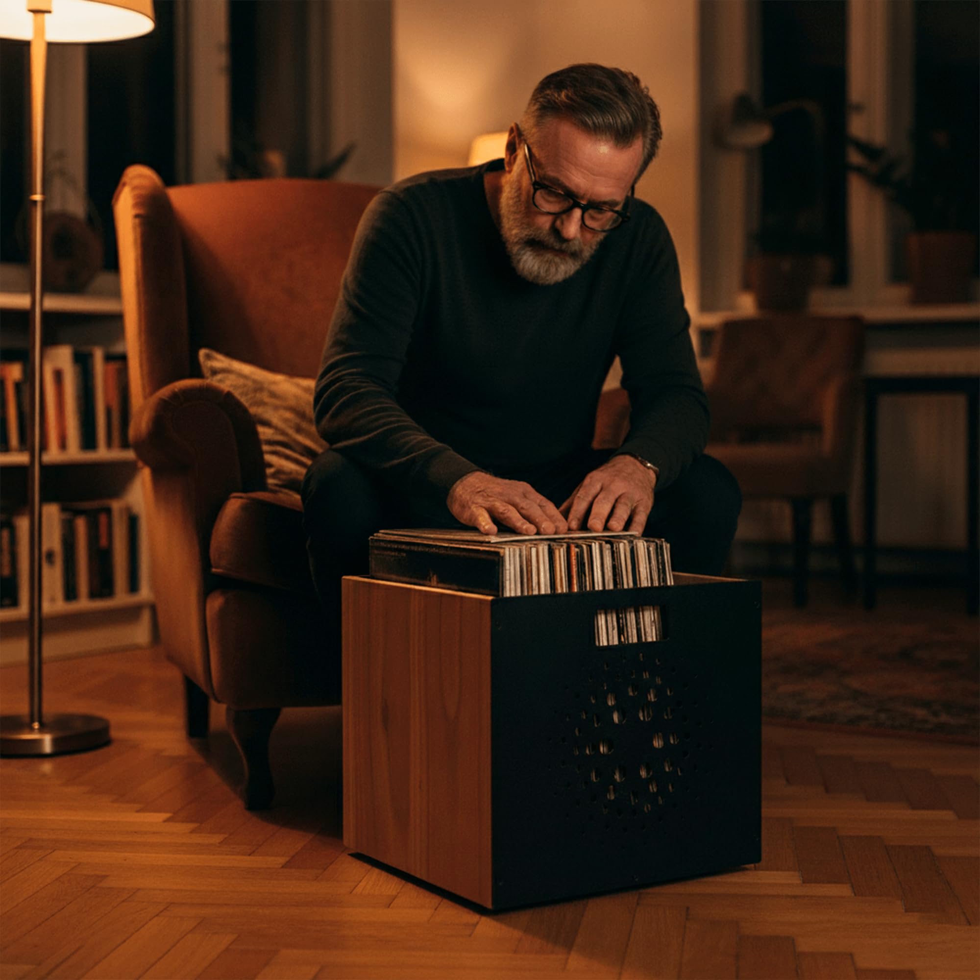 Schallplatten Aufbewahrung | Schallplatten Box aus Walnussholz Und Kohlenstoffstahl | Vinyl Storage für 50 LPs | LP Stand | Stapelbarer Record Holder | Schallplattenständer Holz