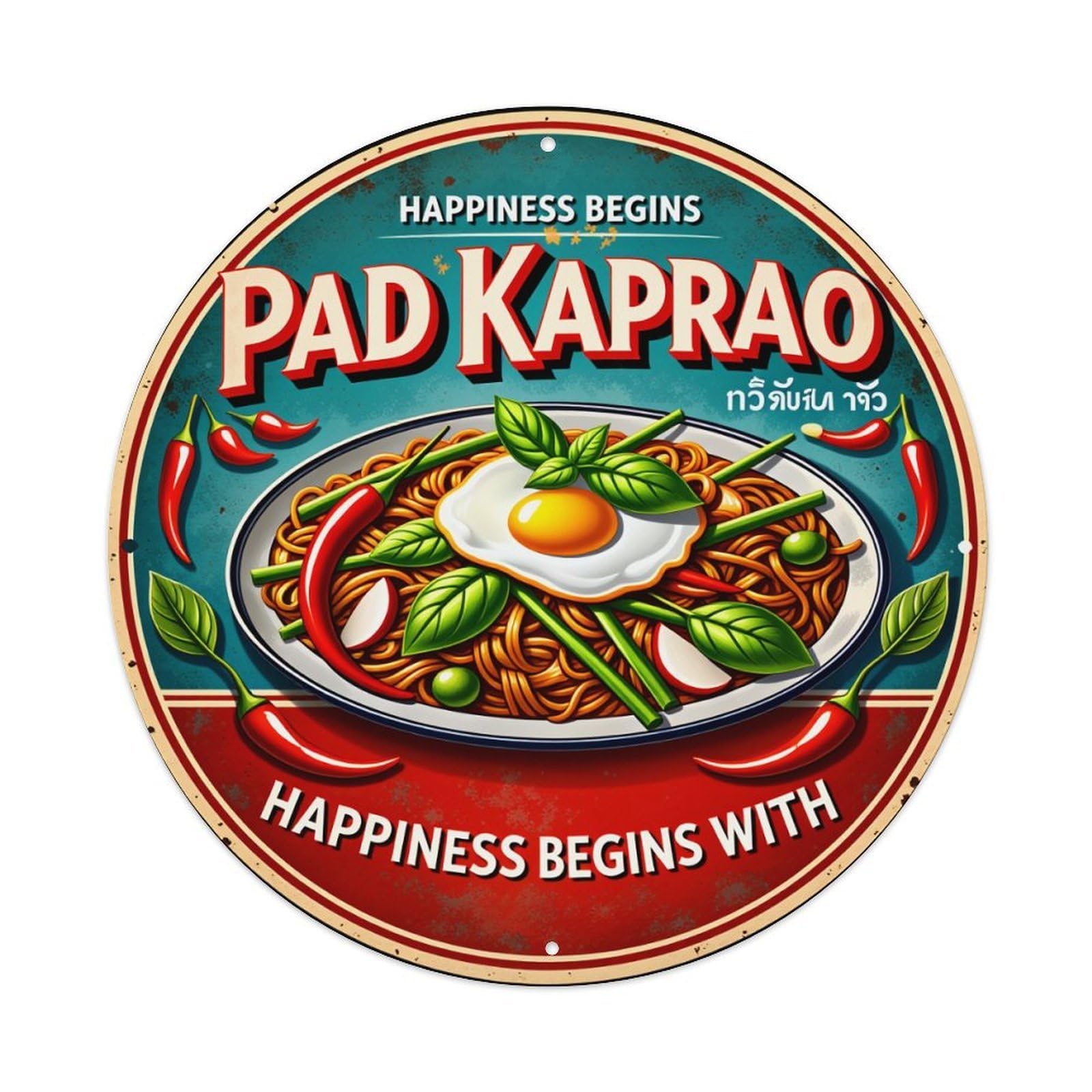 Pad Kaprao Noodles With Egg And Herbs Metal Tin Sign Vintage Garden Bedroom Cafe Bar Man Cave Home Wall Decor Metal Poster 8x8 inches