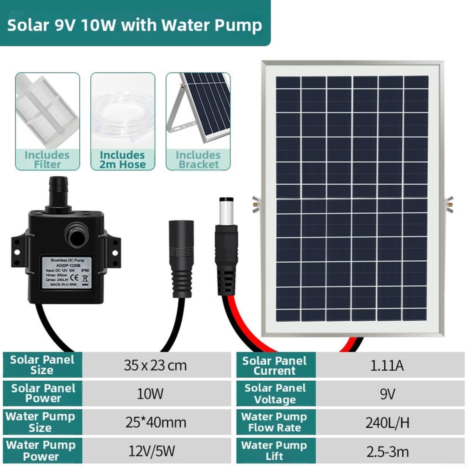 Bomba solar de fuente 9 V 6 W/10 W, 240 l/h, función de agua silenciosa para estanque de peces, rocalla jardín (9 V 10 W)