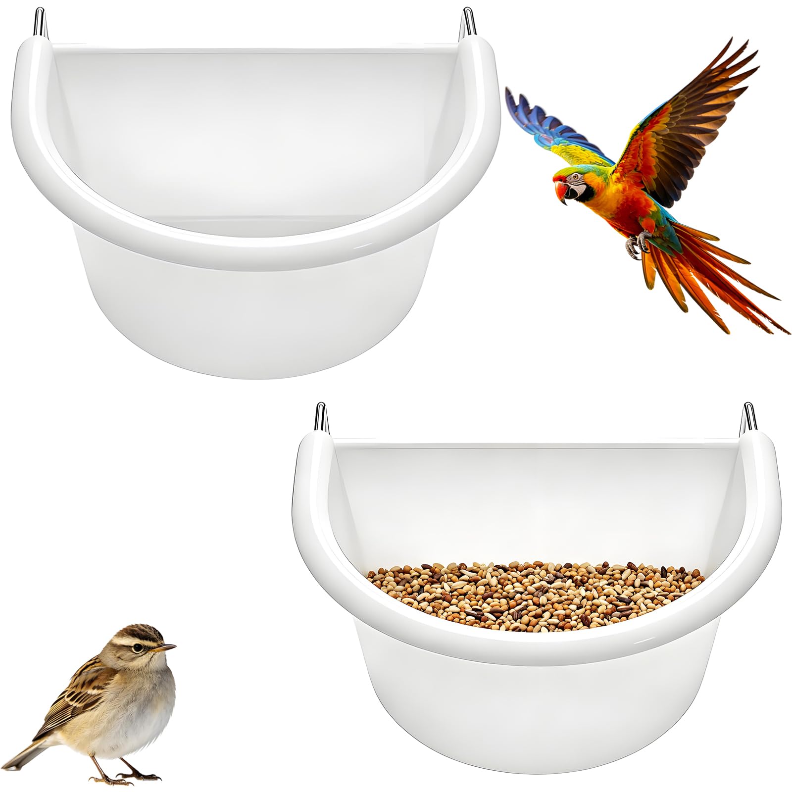 2 Pcs D-Shaped Plastic Bird Food Bowl with Hook, Bird Cage Feeder, Birds Feeding Dish, for Small Birds Canary Sparrow