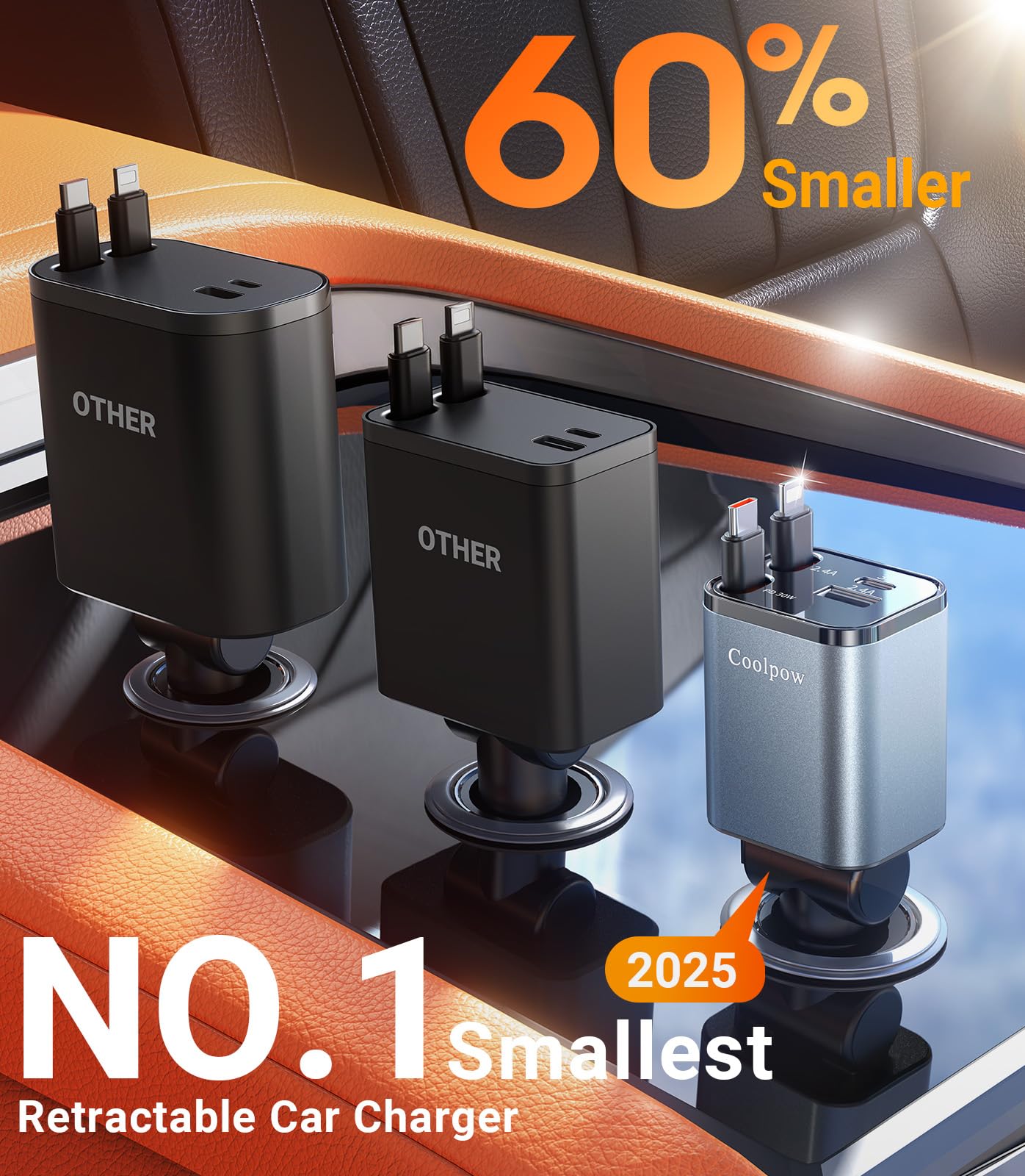 4 EN 1 Cargador Coche USB C, 69W Cargador Mechero Coche【180° Plegable】 Car Charger Adaptador Móvil Coche con 2 Cables Retráctiles para iPhone 16/15/Samsung S25/S24/iPad/GPS