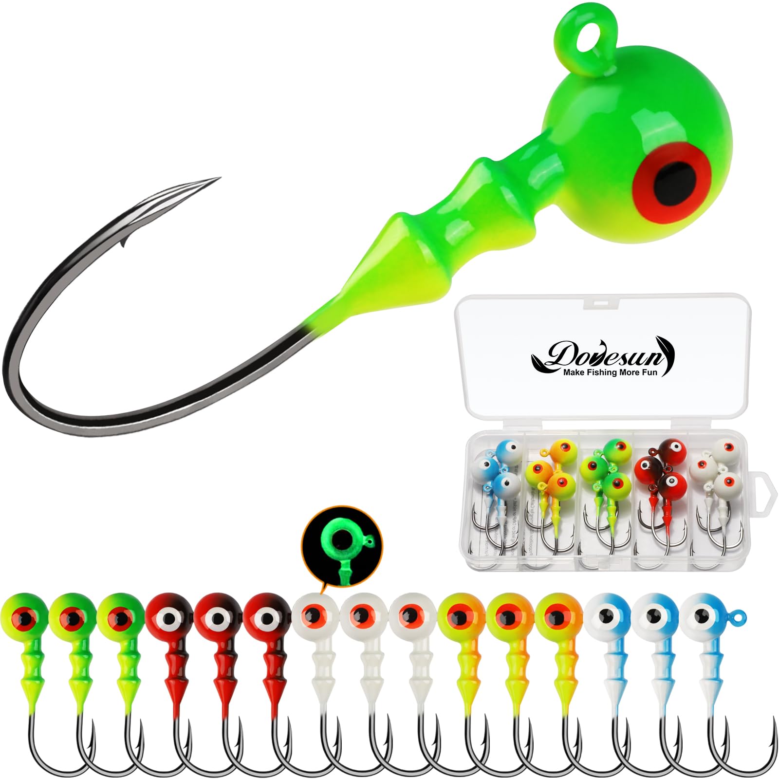 Dovesun Jig Heads for Fishing, Painted Jigheads with 3D Eye Ball Glowing Walleye | Bass | Crappie jigs 1/2oz 3/8oz 1/4oz 1/5oz 1/8oz 1/10oz 1/16oz 1/
