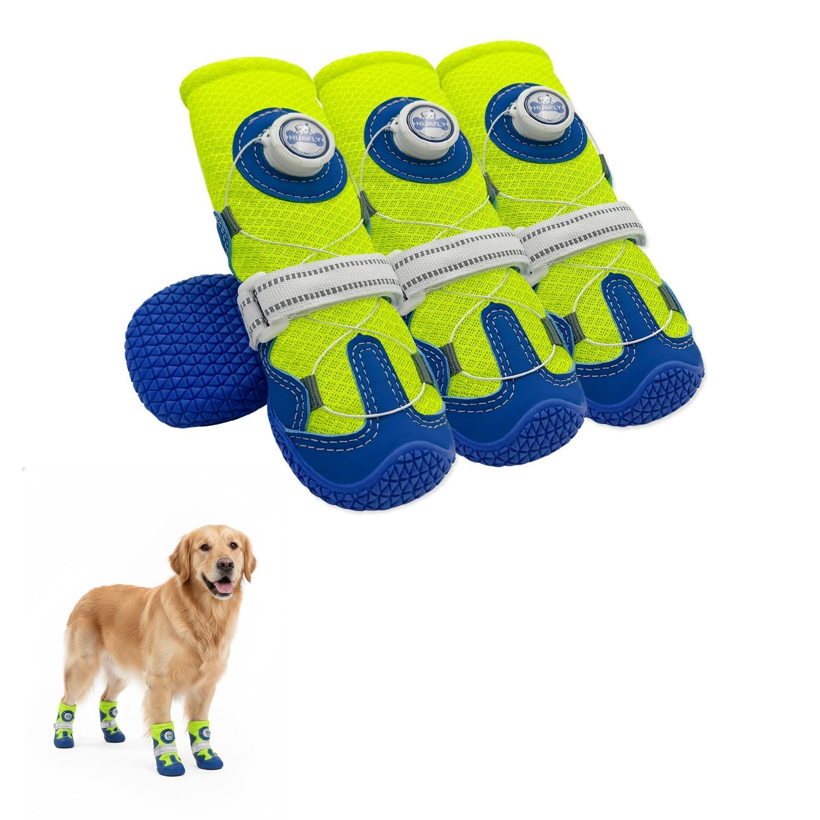 Huafly Hundeschuhe mit Zugknopf, Twist-Lock-Hundeschuhe und Pfotenschutz für kleine, mittelgroße und große Hunde, rutschfeste Sohle, atmungsaktives Netzgewebe, reflektierender Riemen für Wandern